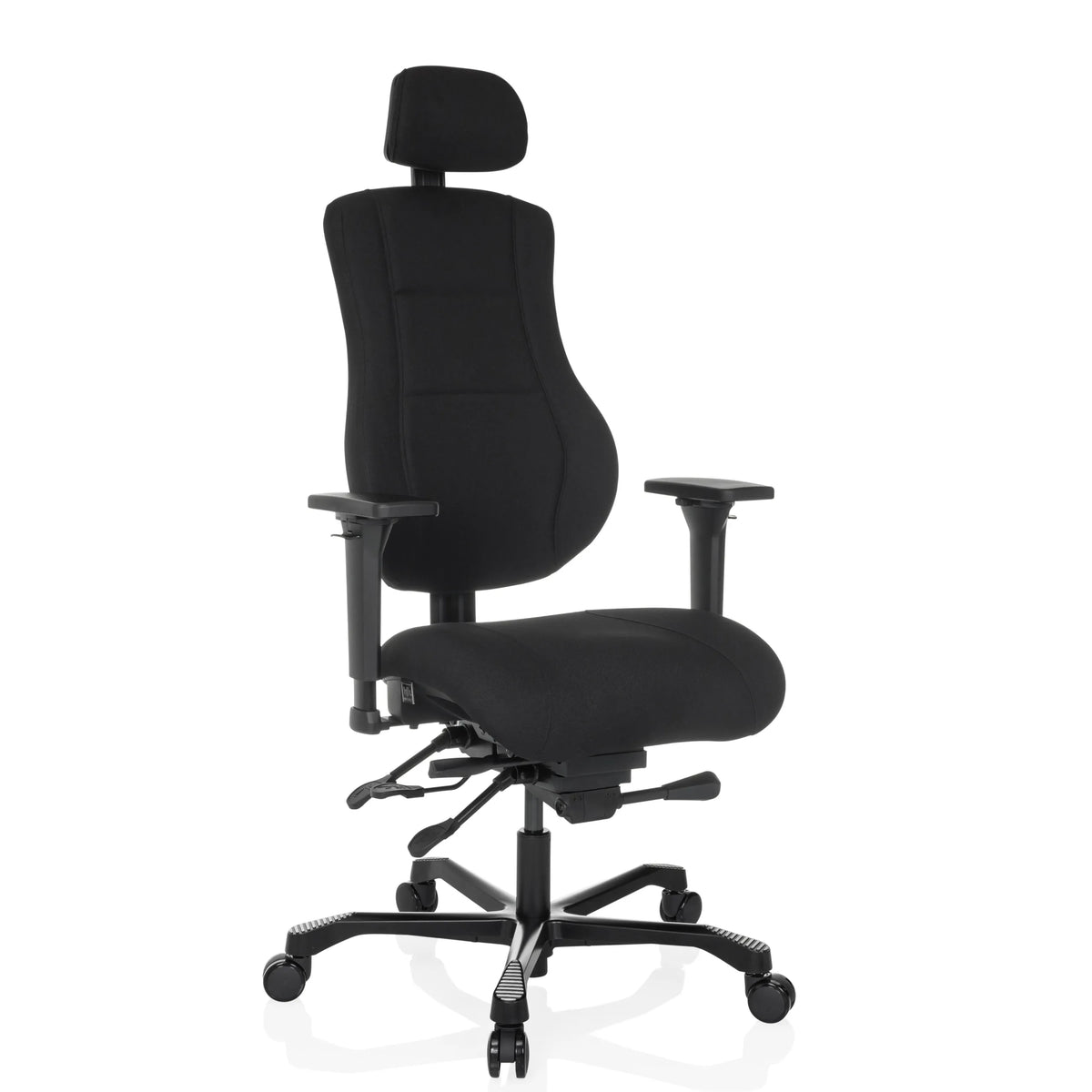 Siège pivotant XXL 24 HOURS BASIC noir avec appui-tête et piètement à cinq roulettes de hjh OFFICE – vue à 360° (vue de trois quarts avant 30°)
