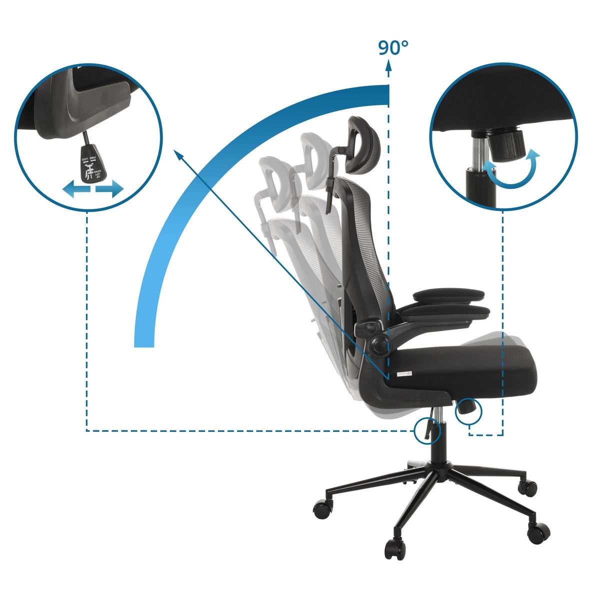 Dossier réglable avec un angle d'inclinaison de 90 degrés du siège de bureau de qualité professionnelle ARIGANO de hjh OFFICE