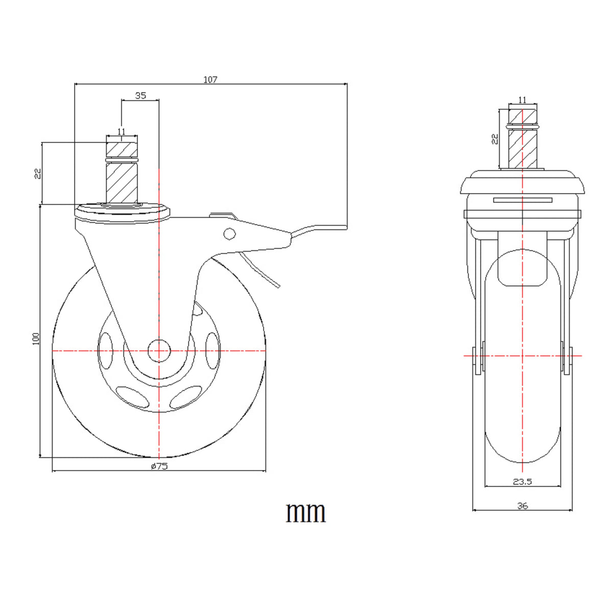 Dessin technique des Roulettes 5x ROLO SKATE S 11mm/75mm d'un diamètre de 75 mm de hjh OFFICE