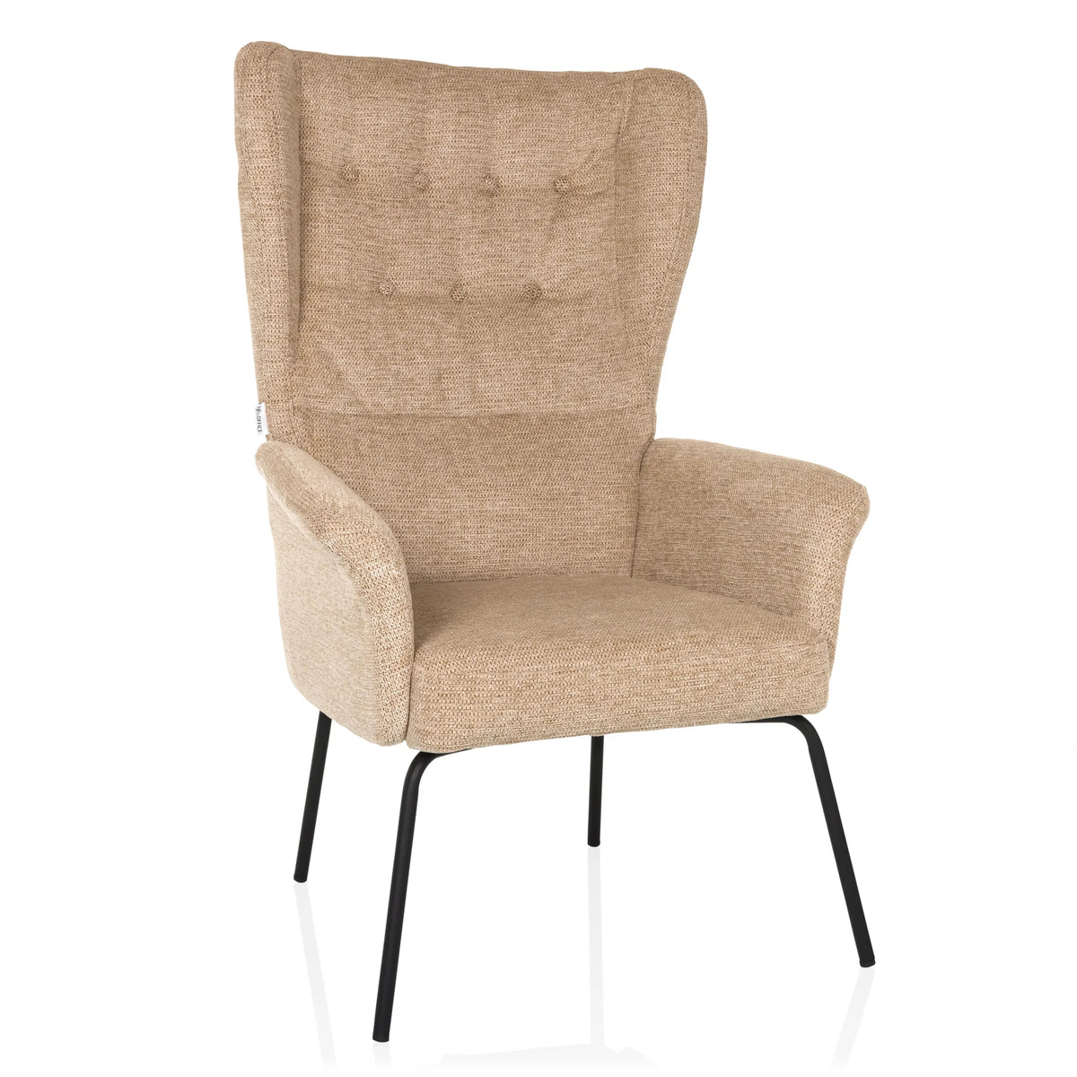 Fauteuil rembourré beige HAVENIO avec capitonnage, accoudoirs et pieds en métal noir de hjh LIVING – vue à 360° (vue de face 15°)