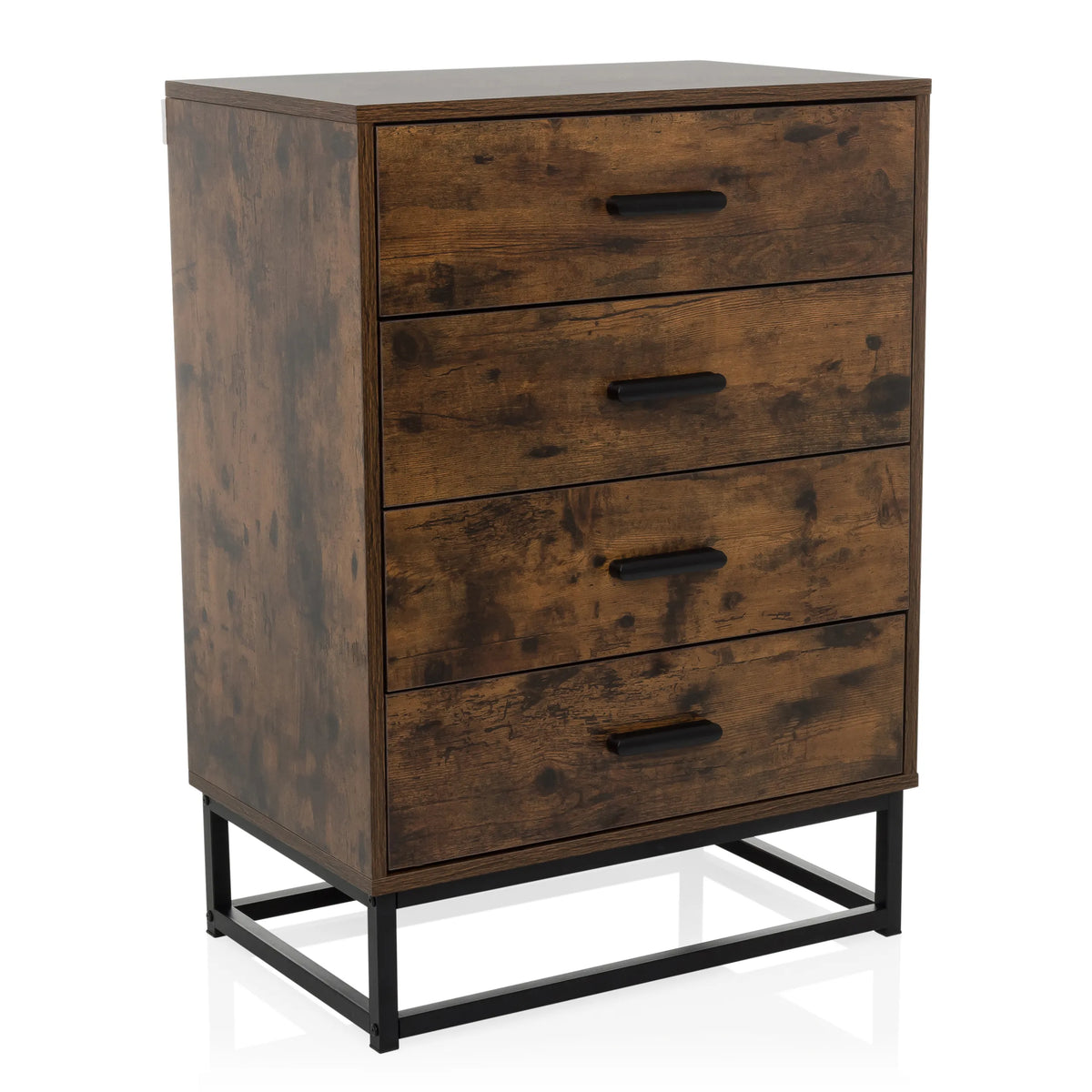 Commode marron VINSTRA avec quatre tiroirs et structure en métal noir de hjh LIVING – vue à 360° (vue de face 15°)