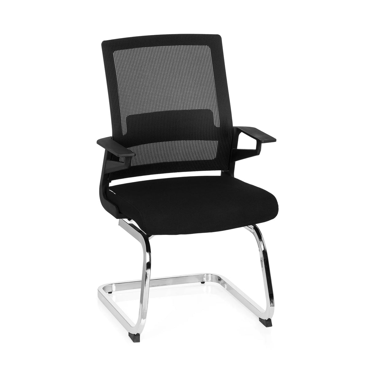Chaises cantilever INVENTOR V noires avec dossier en maille, accoudoirs et piètement luge de hjh OFFICE – vue à 360° (vue de face 20°)
