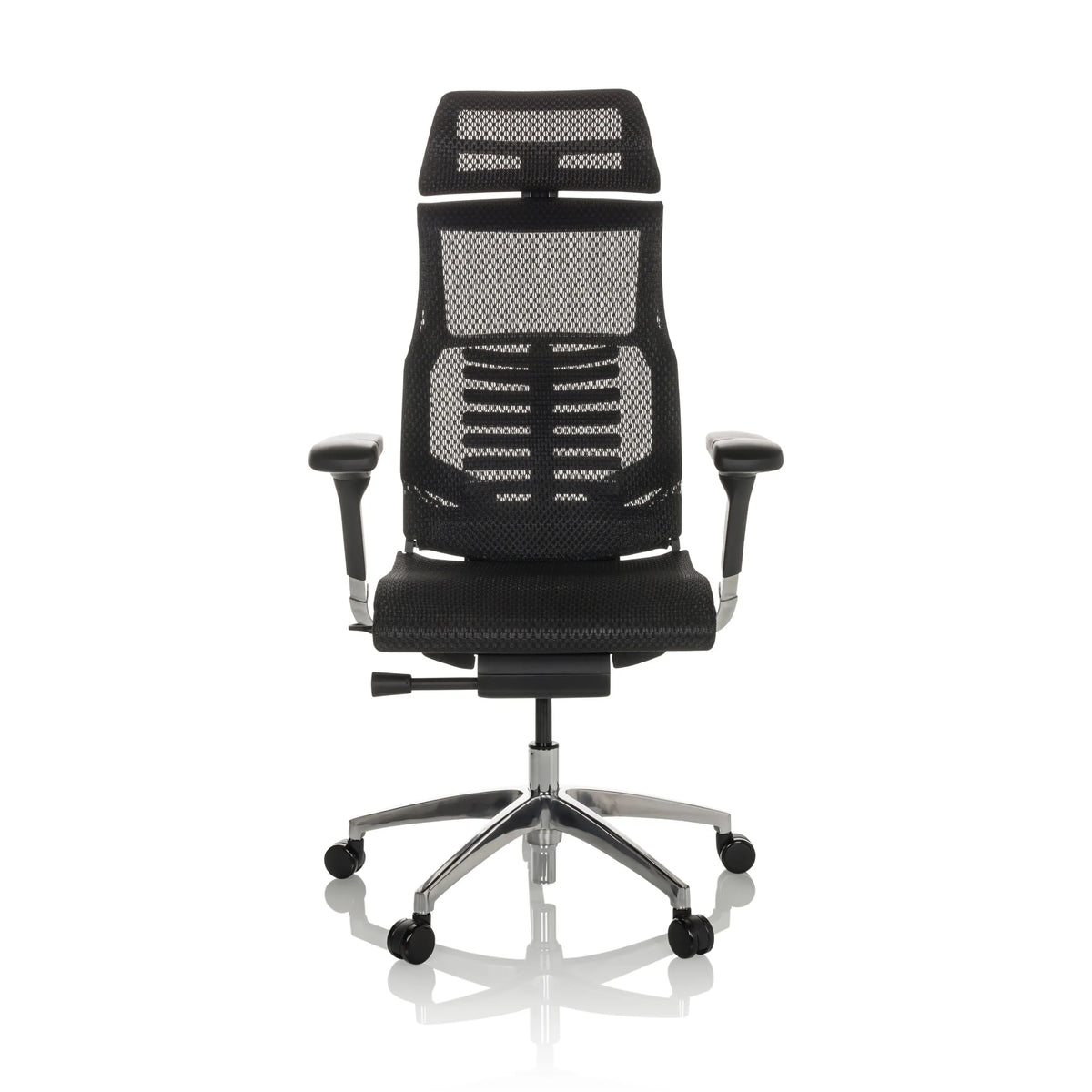 Siège de bureau haut de gamme POFIT GEN2 noir avec dossier en maille et piètement à cinq roulettes de hjh OFFICE – vue à 360° (vue de face 0°)