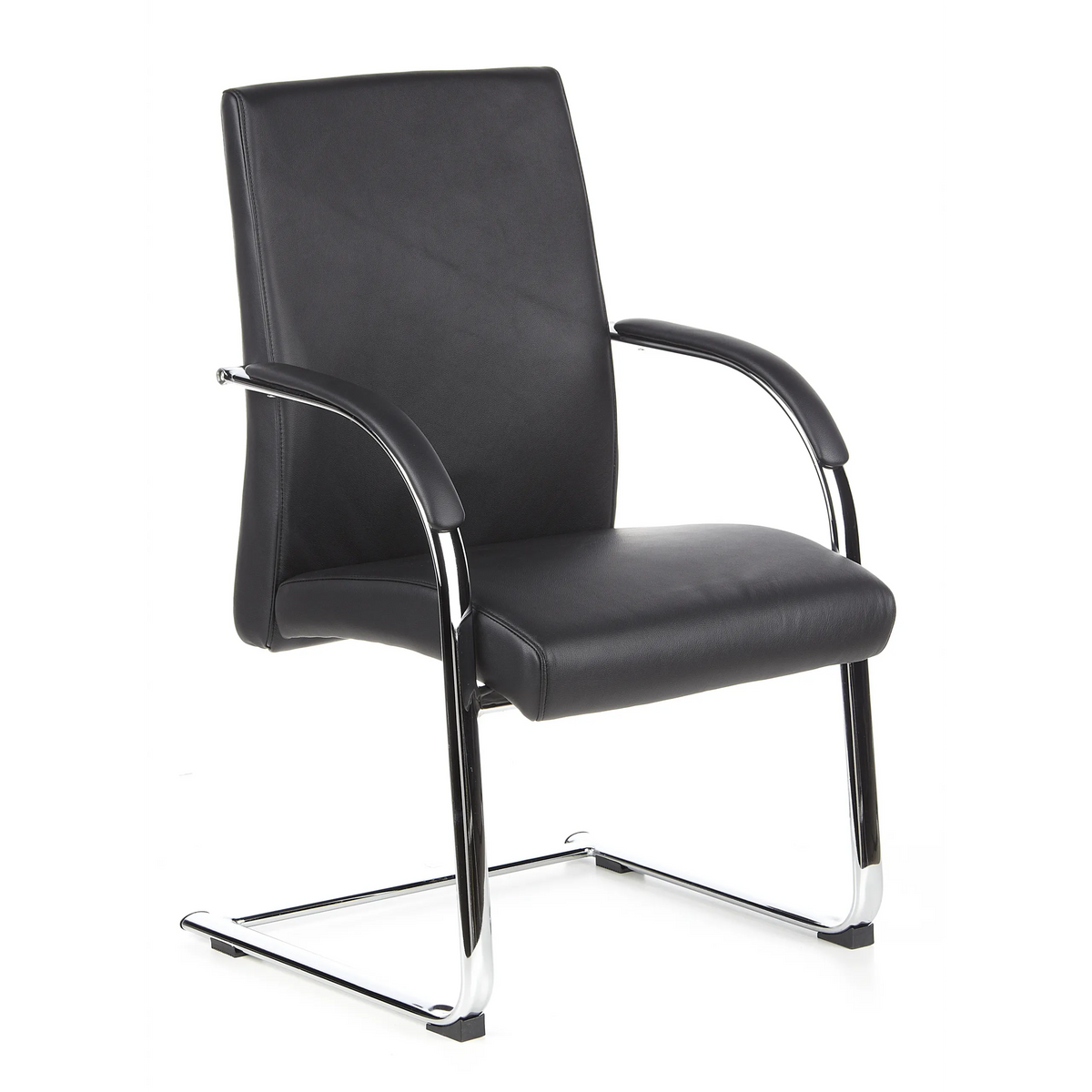 Chaises cantilever BAROLO V noires avec accoudoirs et piètement luge chromé de hjh OFFICE – vue à 360° (vue de trois quarts avant 40°)