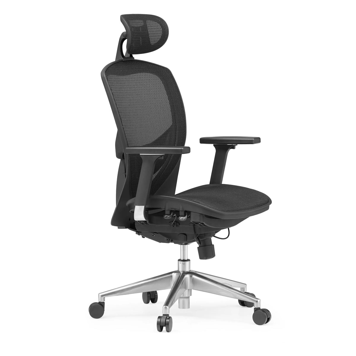 Siège de bureau haut de gamme VENUS ONE noir avec dossier en maille et base à cinq roulettes de hjh OFFICE – vue à 360° (vue de trois quarts avant 60°)