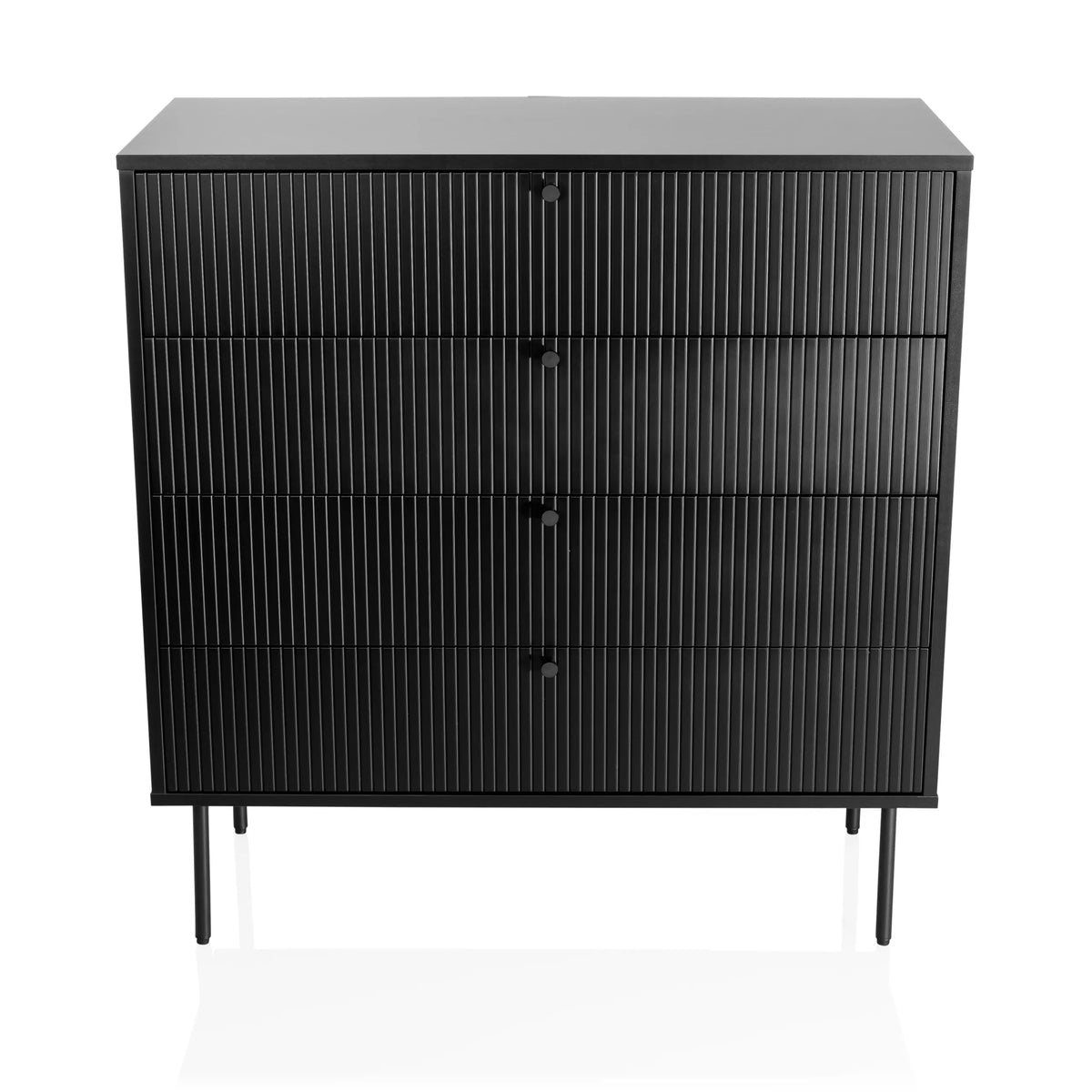 Commode noire KARBY K avec quatre tiroirs rainurés et des pieds fins de hjh LIVING – vue à 360° (vue de face 0°)