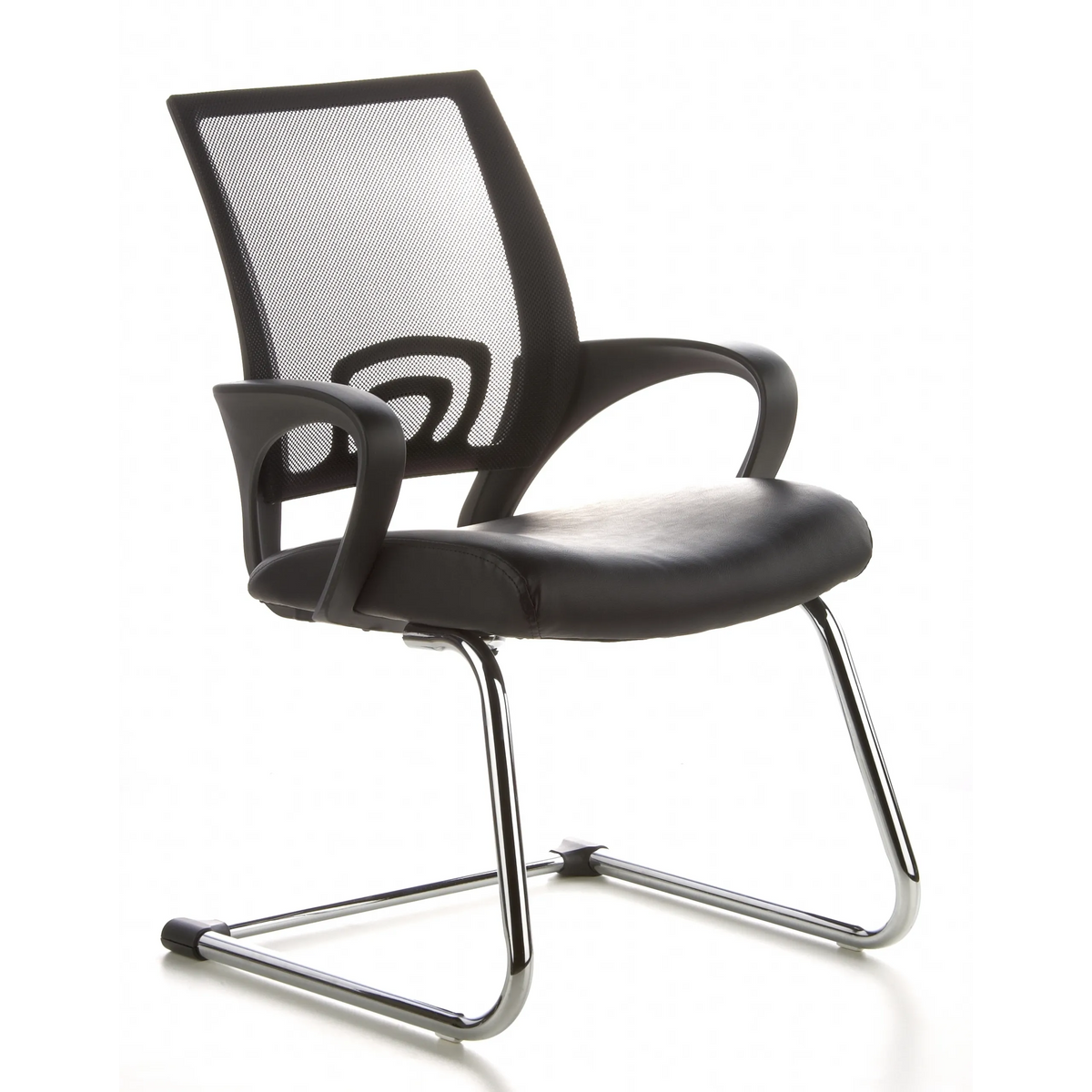 Chaises cantilever VISTO NET V noires avec dossier en maille, assise rembourrée et accoudoirs de hjh OFFICE – vue à 360° (vue de trois quarts avant 40°)