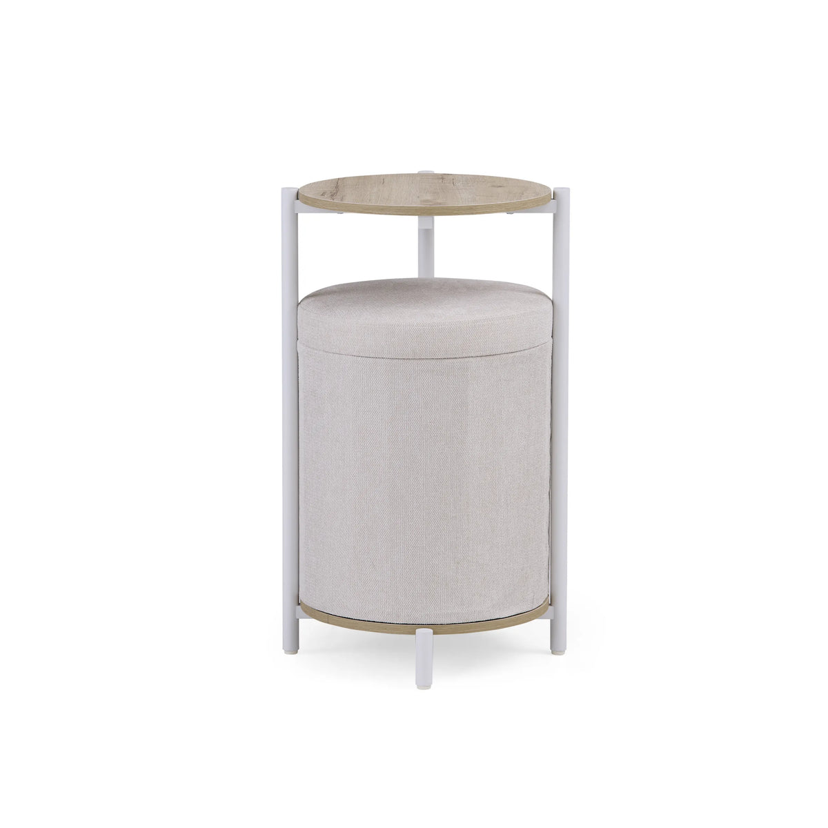 Table d'appoint Nestup 1 en blanc et chêne avec plateau rond et pouf intégré de hjh LIVING – vue à 360° (vue de face 0°)
