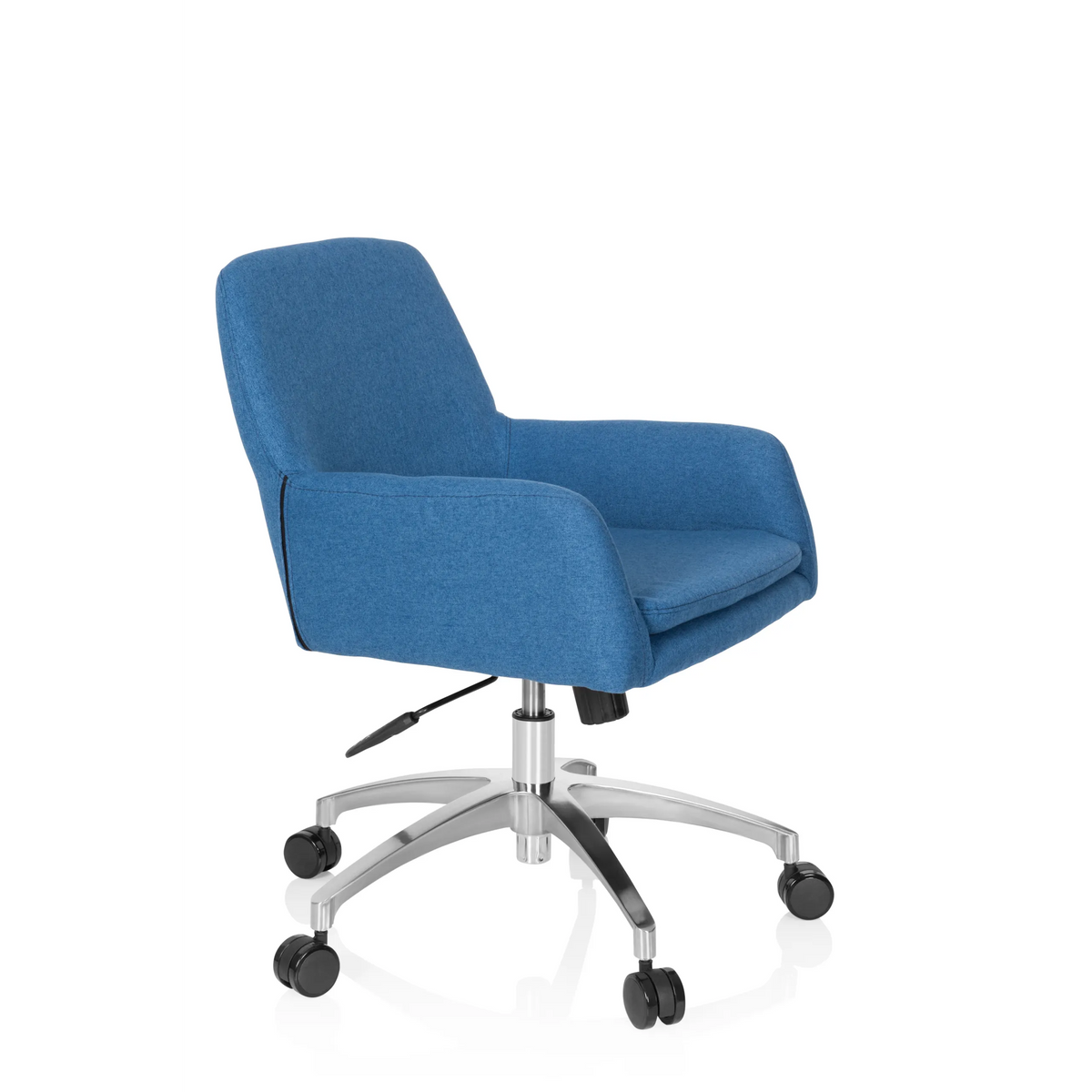 Siège de bureau à domicile SHAKE 400 bleu avec accoudoirs et base à cinq roulettes de hjh OFFICE – vue à 360° (vue de trois quarts avant 60°)