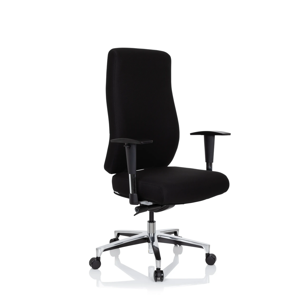 Siège de bureau de qualité professionnelle FORCOM noir avec accoudoirs et pied à cinq roulettes de hjh OFFICE – vue à 360° (vue de trois quarts avant 40°)