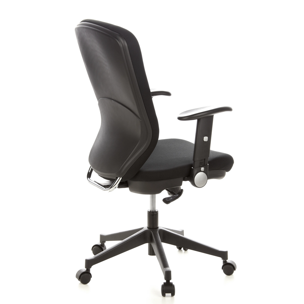 Siège de bureau de qualité professionnelle TRAFFIC 30 noir avec accoudoirs et base à cinq roulettes de hjh OFFICE – vue à 360° (vue de trois quarts arrière 120°)