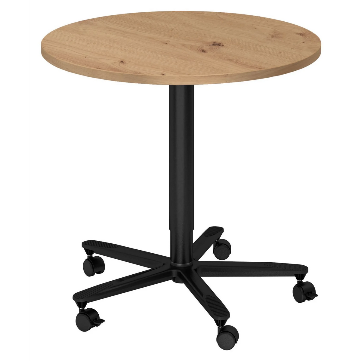 Table de conférence ronde BISTRO 80R D avec plateau en chêne rustique et pied noir sur roulettes de hjh OFFICE PRO