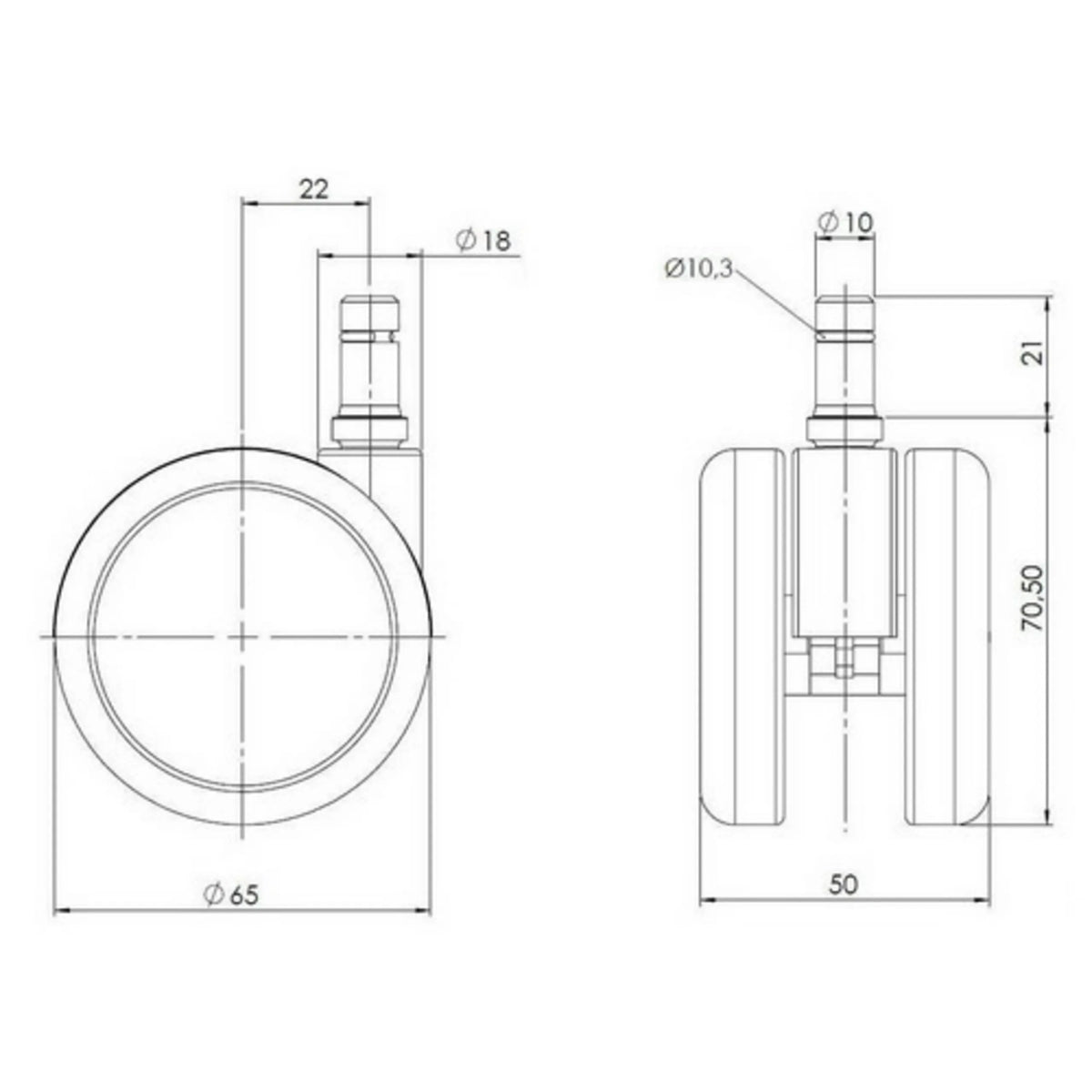 Dessin technique des Roulettes 5x ROLO 10mm/65mm d'un diamètre de 65 mm de hjh OFFICE