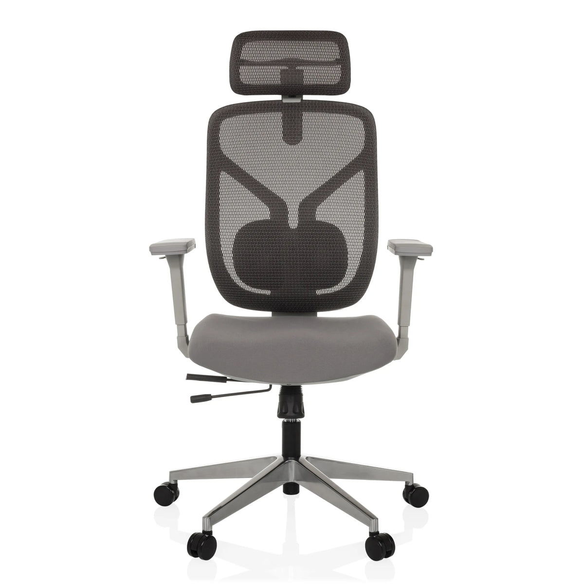 Siège de bureau haut de gamme CASSILIS W gris avec dossier en maille et piètement à cinq roulettes de hjh OFFICE – vue à 360° (vue de face 0°)