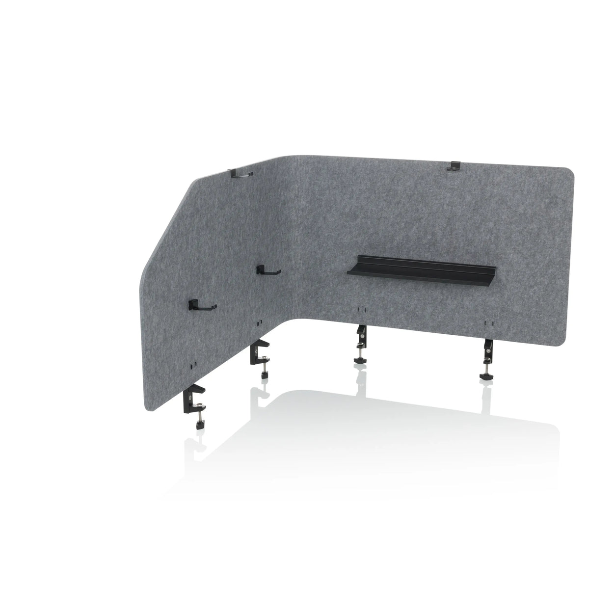 Cloison de table FLEXMIUT T TOP grise avec tablette intégrée et pinces de fixation de hjh OFFICE – vue à 360° (vue de face 15°)