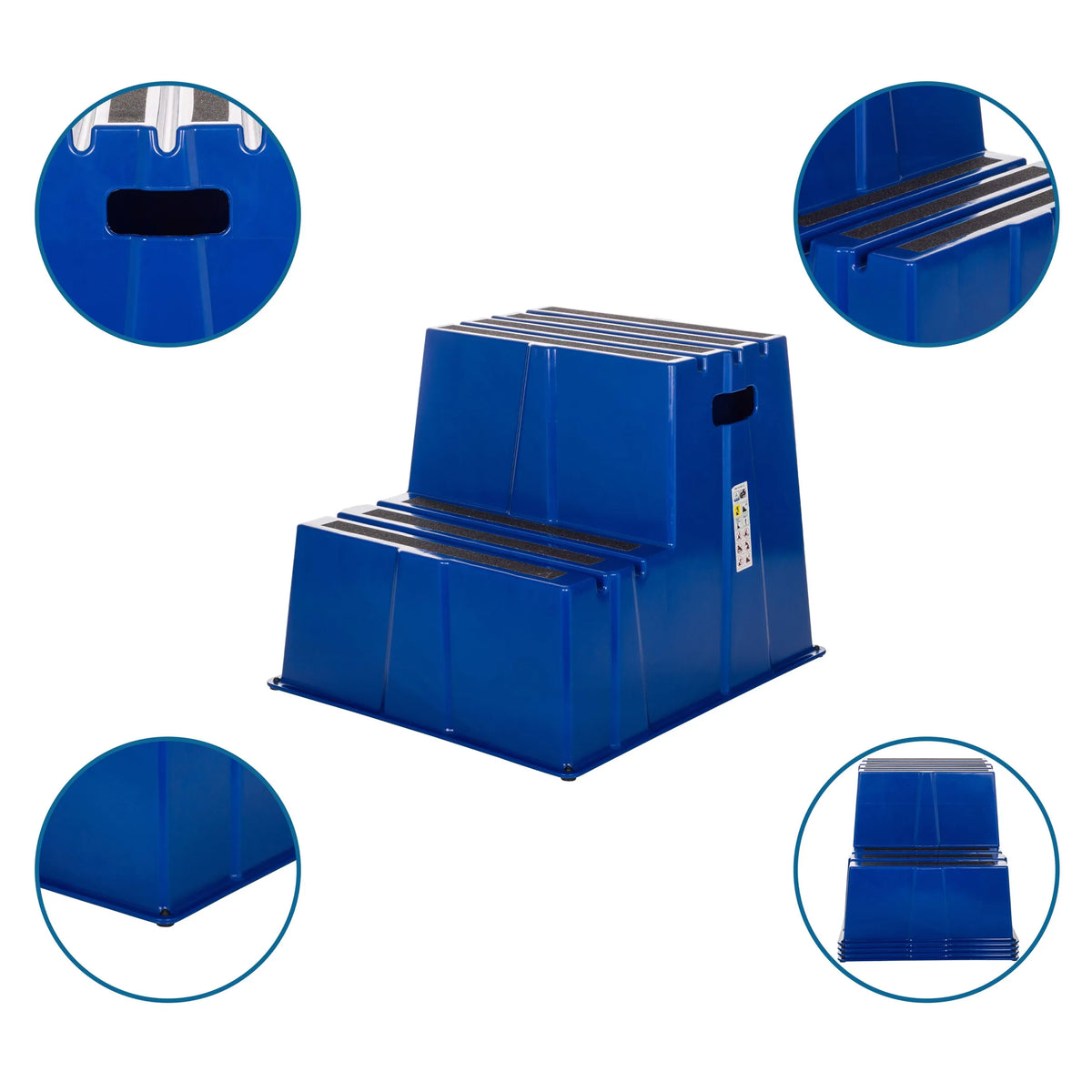 Tabouret marchepied bleu TIO-E2 avec deux marches, surfaces antidérapantes et ouverture de poignée de hjh OFFICE