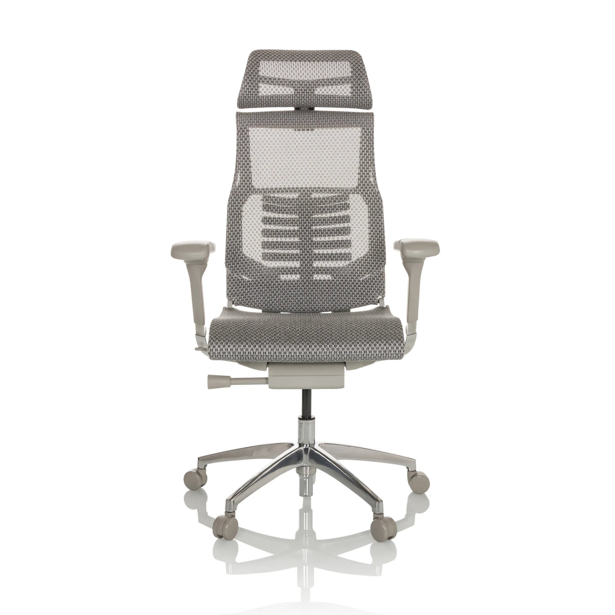 Siège de bureau haut de gamme POFIT G GEN2 gris clair avec dossier en maille et piètement à cinq roulettes de hjh OFFICE – vue à 360° (vue de face 0°)