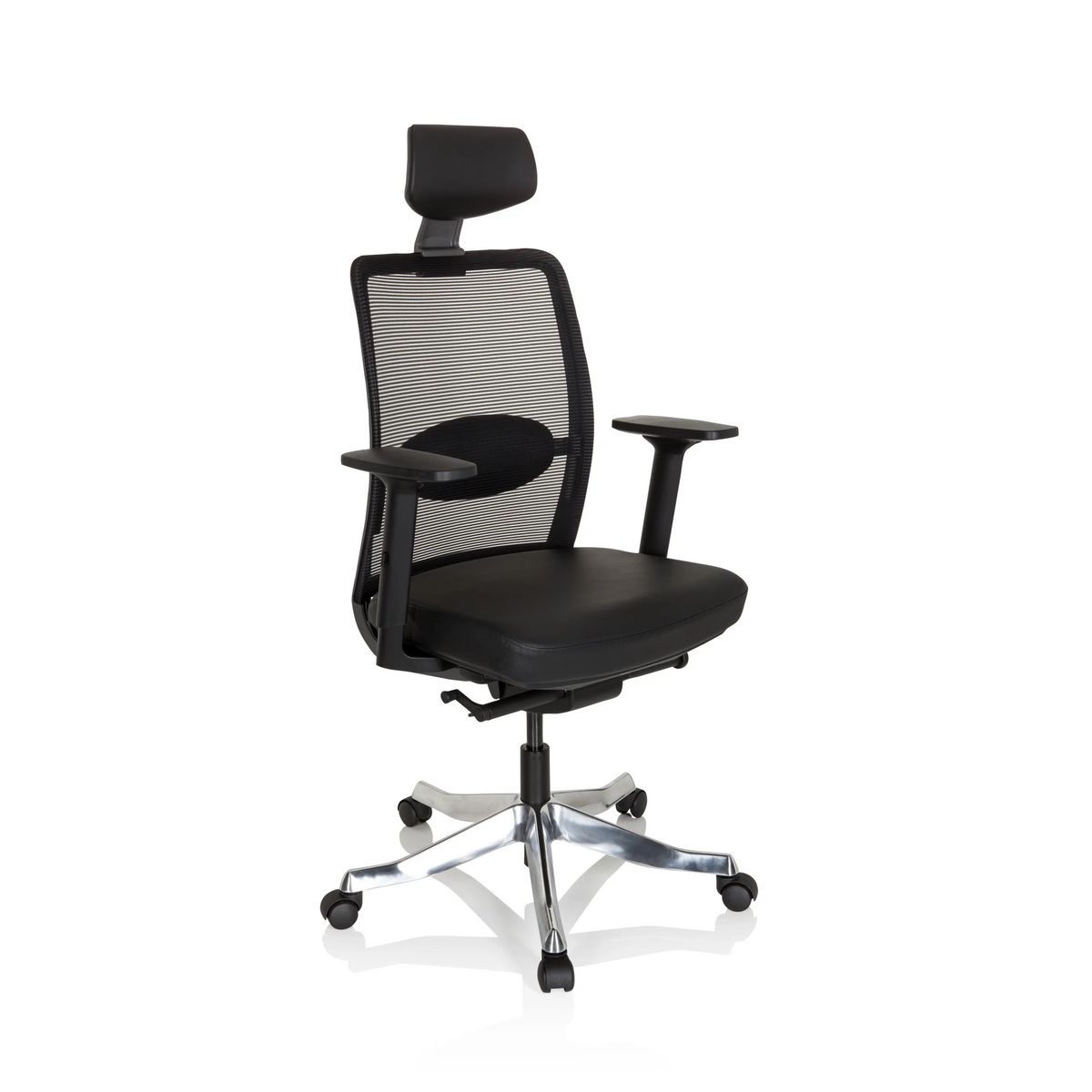 Siège de direction de luxe SENATOR PRO noir avec dossier en maille, appui-tête et base à cinq roulettes de hjh OFFICE – vue à 360° (vue de trois quarts avant 40°)
