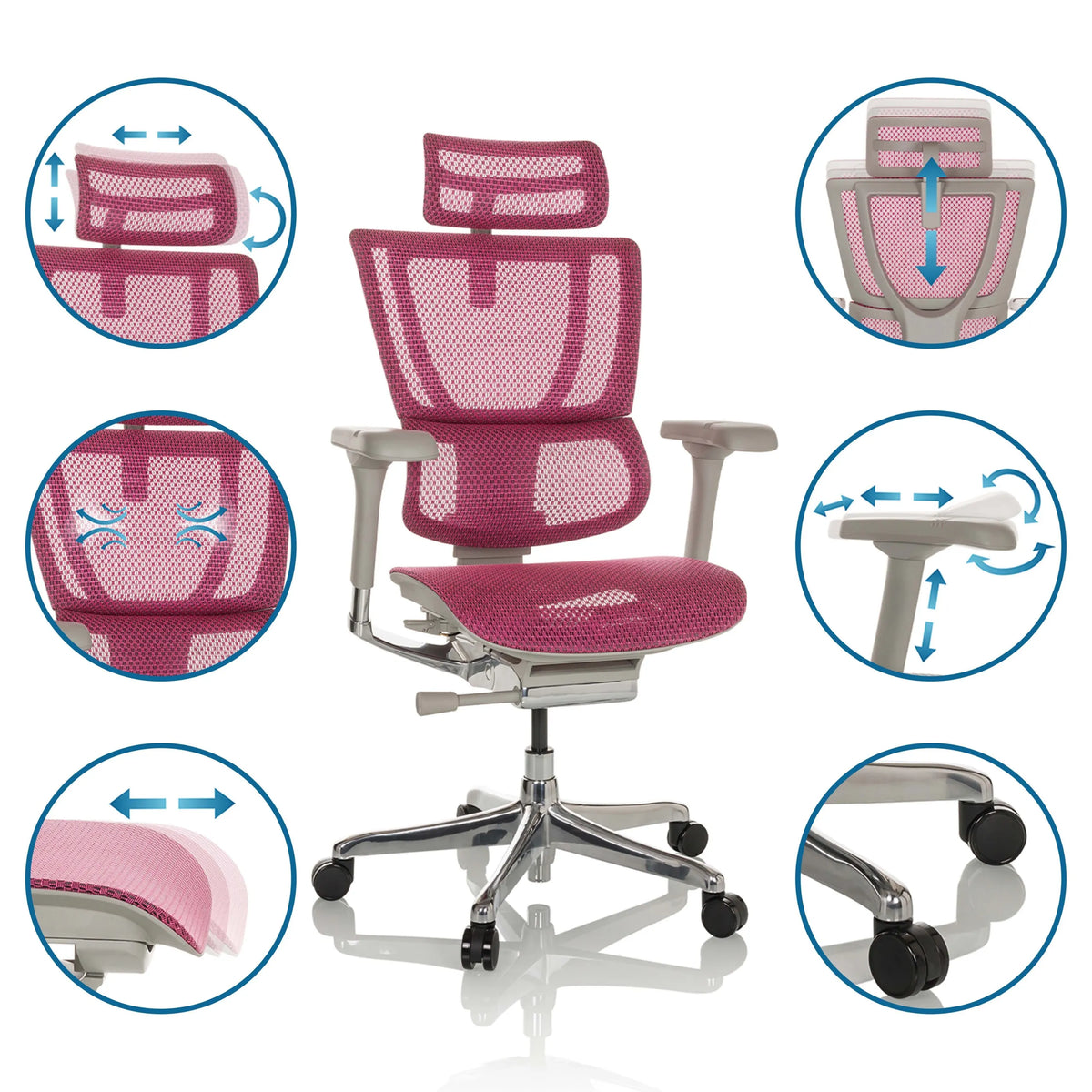 Rosa Luxus-Chefsessel ERGOHUMAN SLIM G GEN2 mit verstellbarer Kopfstütze, Armlehnen und Netzrücken von hjh OFFICE