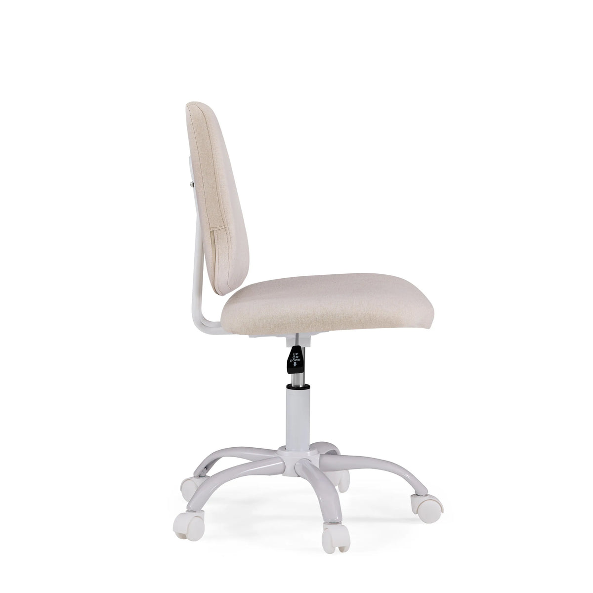 Vue latérale de la chaise pivotante pour des enfants Lumikid en beige avec piétement blanc et roulettes de hjh OFFICE