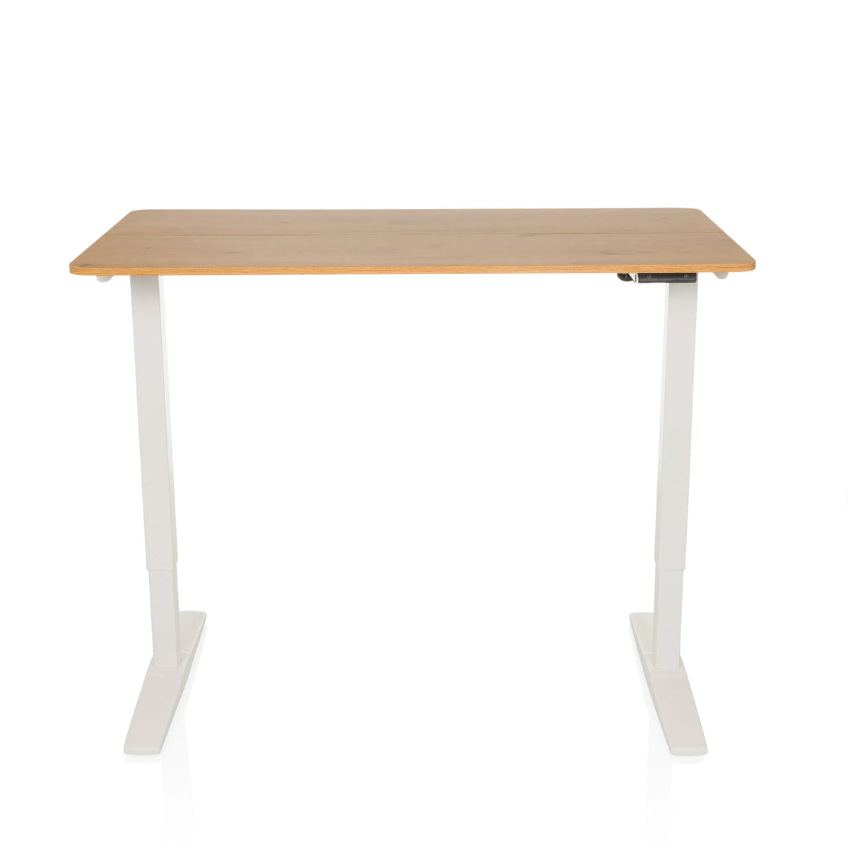 Bureau réglable en hauteur électriquement STAND BASIC en blanc et chêne avec piétement en T de hjh OFFICE – vue à 360° (vue de face 0°)