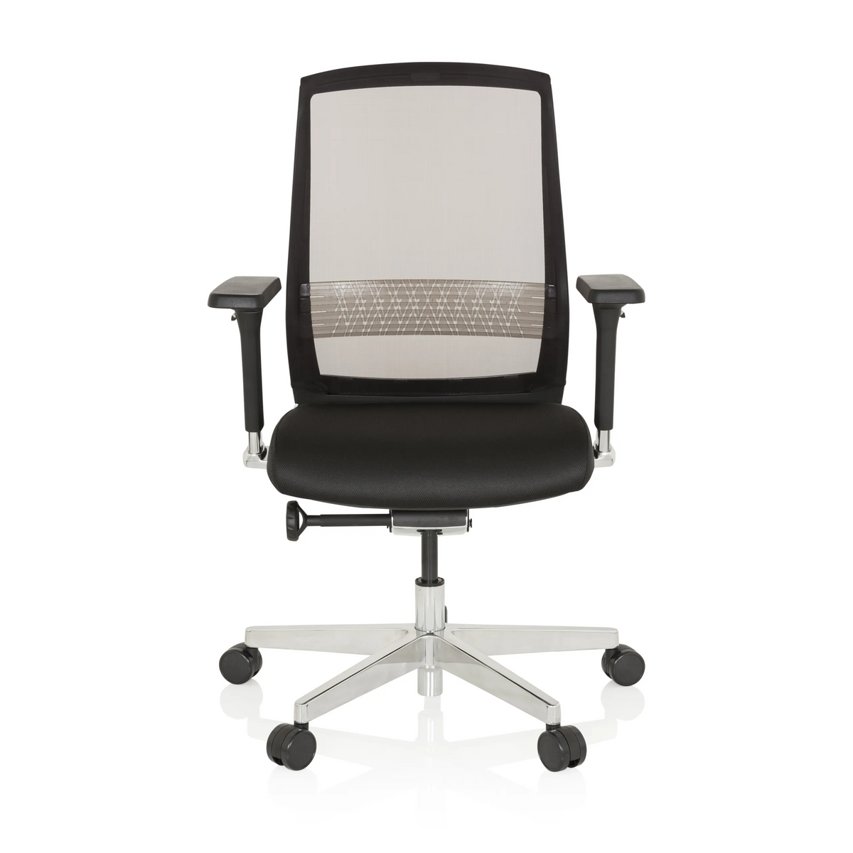 Siège de bureau haut de gamme FOUNTAINE noir avec dossier en maille et piètement à cinq roulettes de hjh OFFICE – vue à 360° (vue de face 0°)