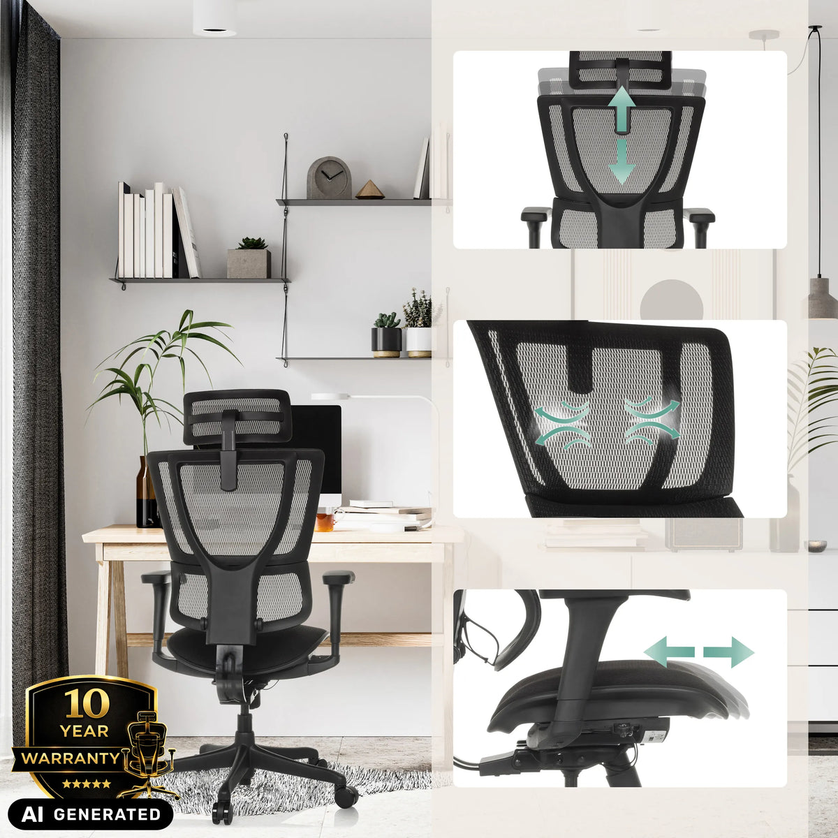 Fonctions réglables du siège de direction de luxe ERGOHUMAN SLIM ECO F GEN2 en noir de hjh OFFICE (image générée par IA)