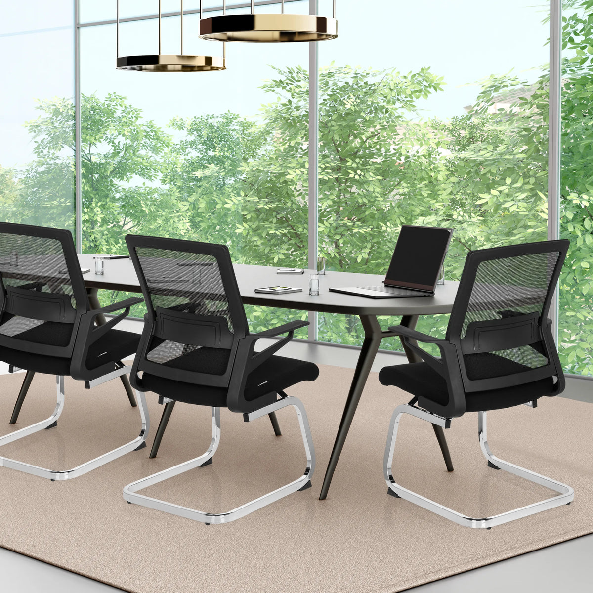 Trois chaises cantilever INVENTOR V noires avec dossier en maille et piètement luge en métal de hjh OFFICE