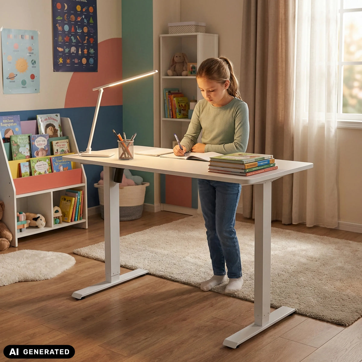 Bureau réglable en hauteur électriquement Worktime Kid en blanc de hjh OFFICE (image générée par IA)