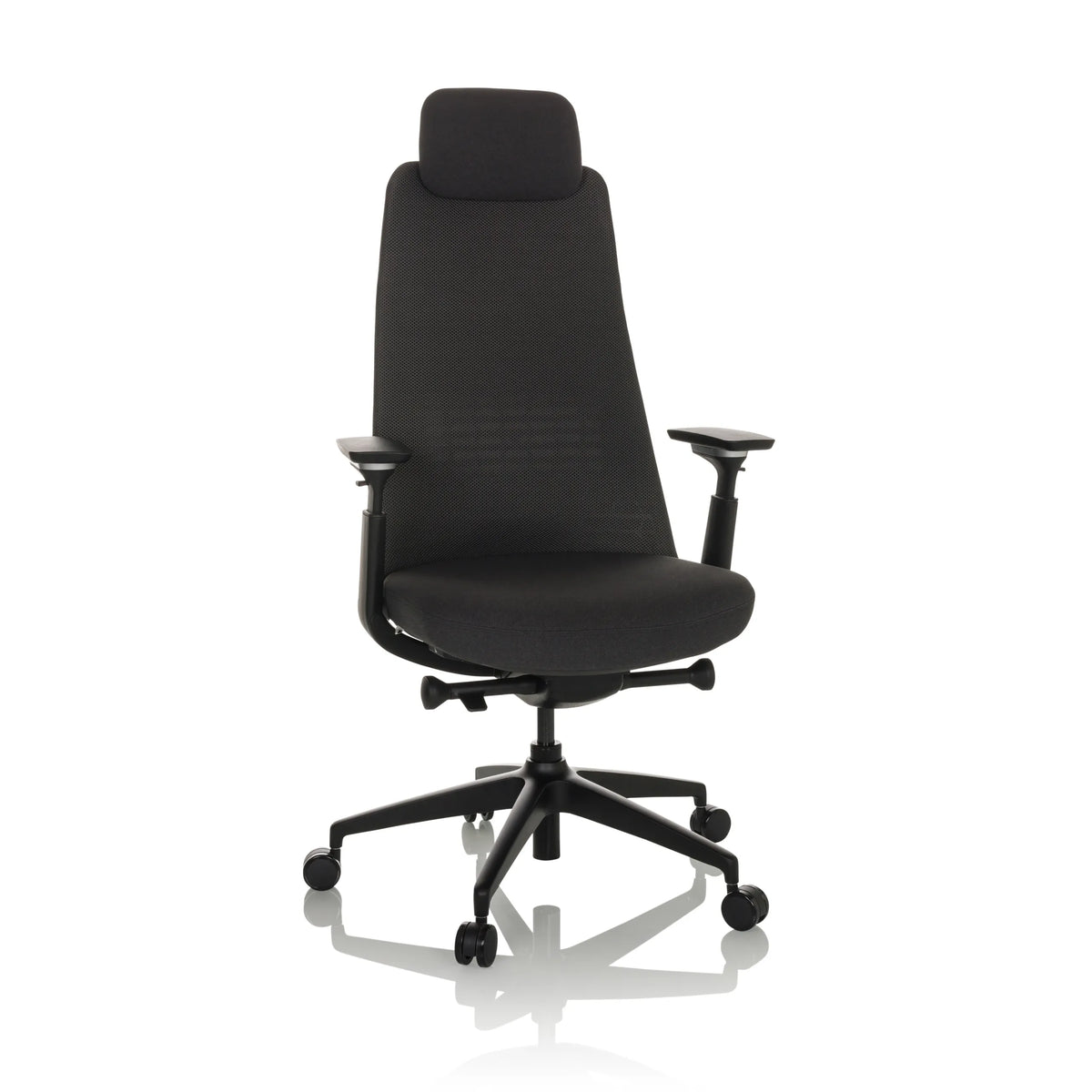 Siège de bureau de qualité professionnelle YUCANO noir, dossier maille, appuie-tête et base à 5 roulettes de hjh OFFICE – vue à 360° (vue de face 15°)