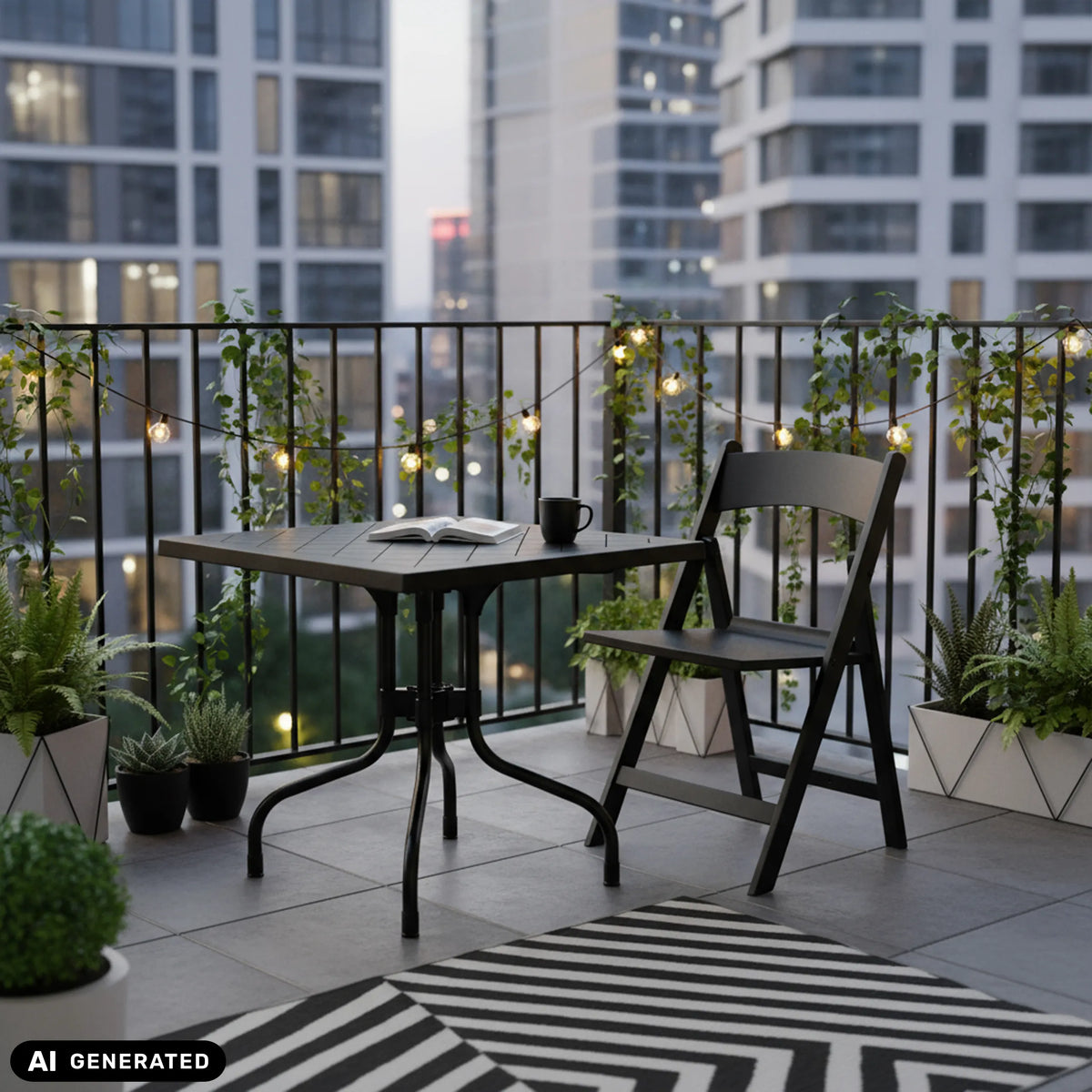 Table pliante TRAVANO T1 noire de 79 × 79 cm sur un balcon de hjh LIVING (image générée par IA)