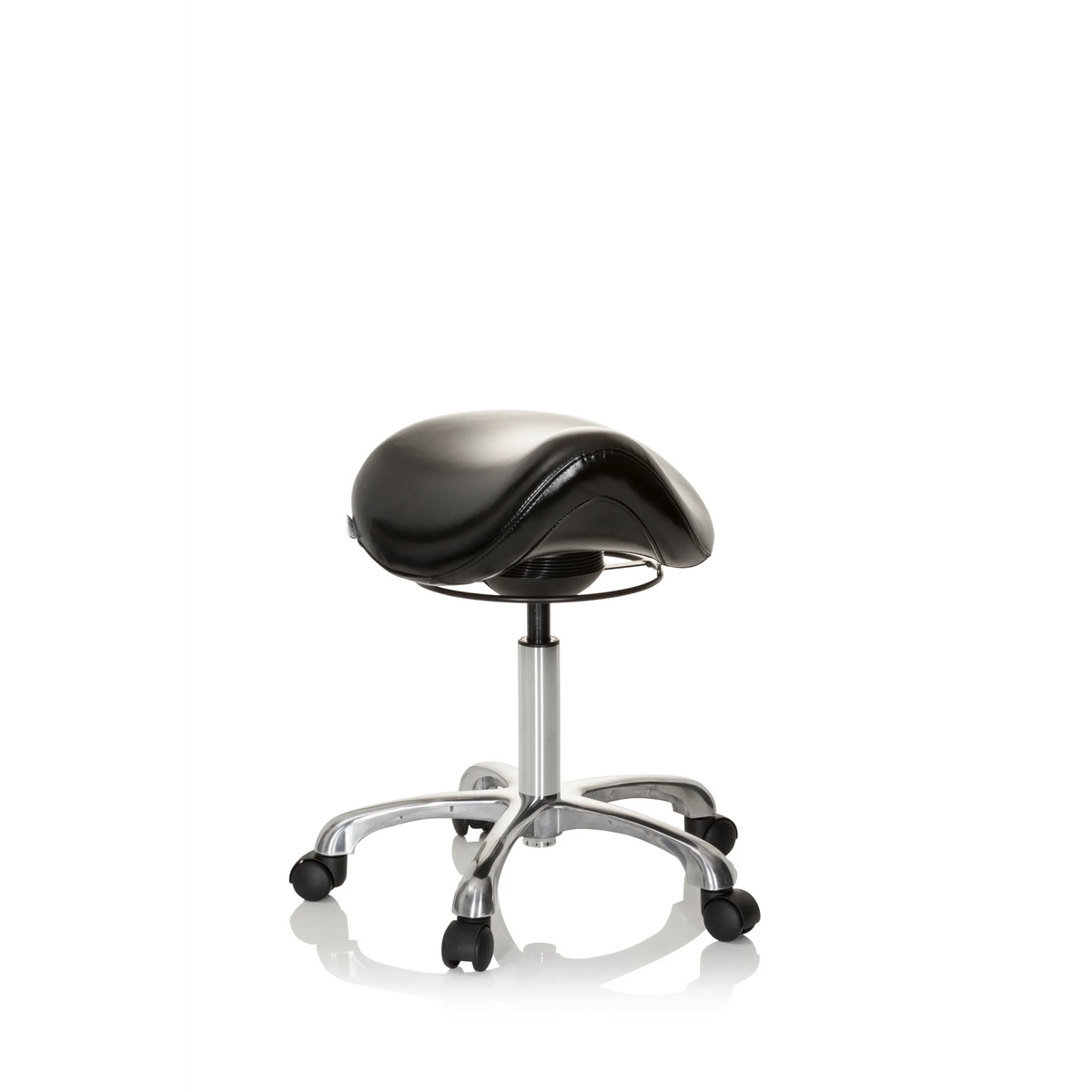 Tabouret de selle ORTHO SIT noir avec repose-pieds en croix et cinq roulettes de hjh OFFICE – vue à 360° (vue de face 20°)
