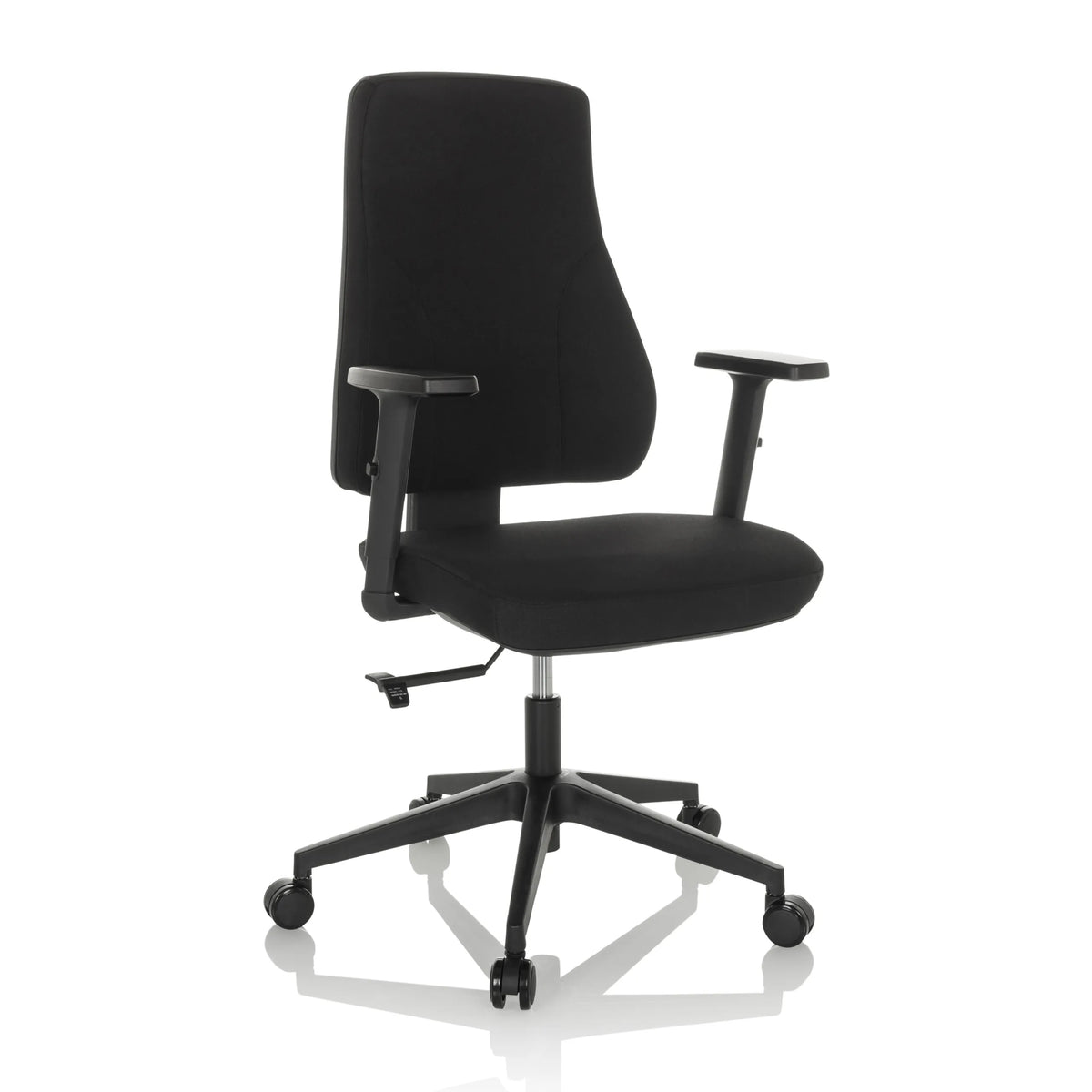 Siège de bureau de qualité professionnelle MATHES noir avec accoudoirs et base à cinq roulettes de hjh OFFICE – vue à 360° (vue de trois quarts avant 30°)