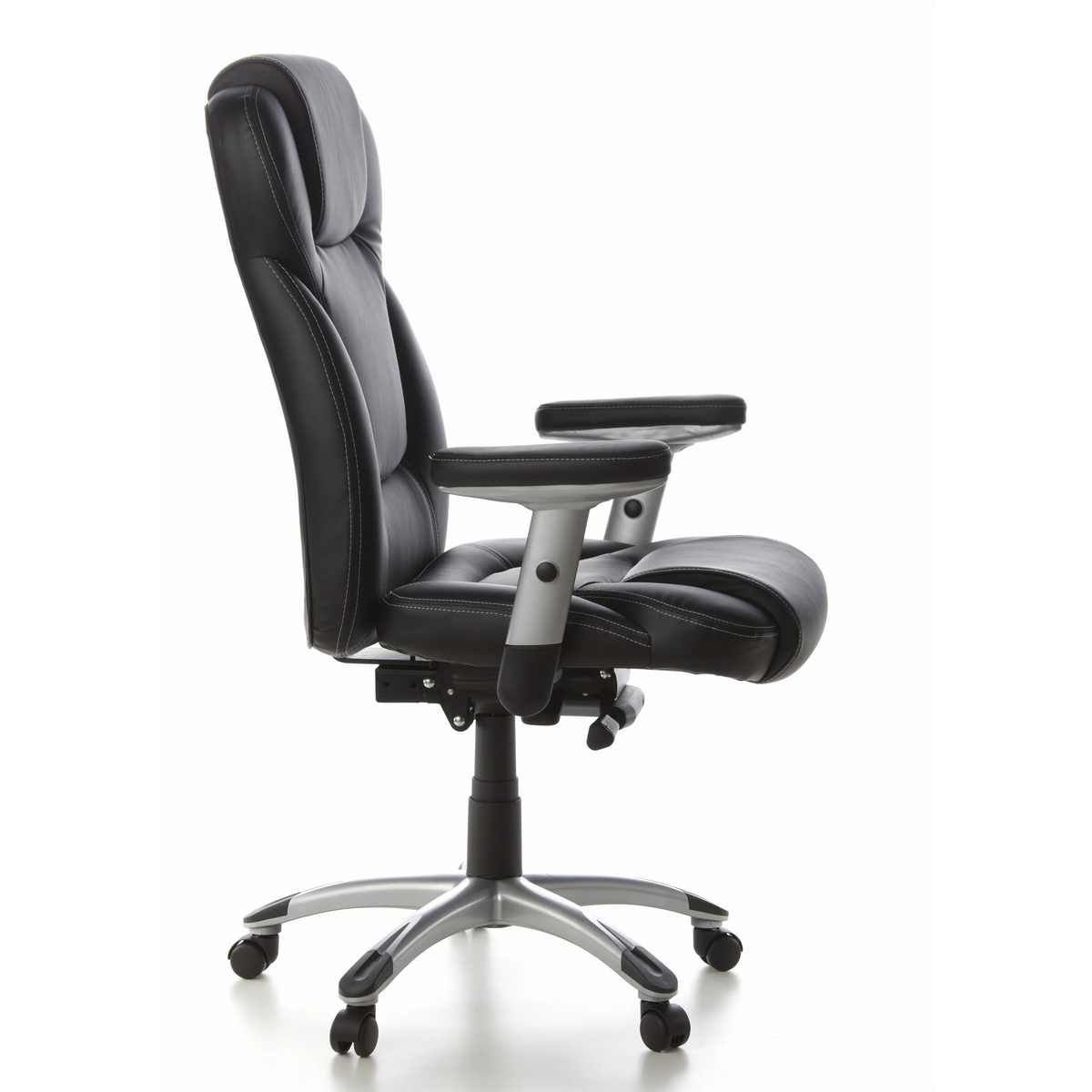 Schwarzer Profi-Chefsessel EMBASSY 200 L mit Armlehnen und silbernem Fußkreuz mit fünf Rollen von hjh OFFICE – 360-Grad-Ansicht (Seitenprofil 80°)