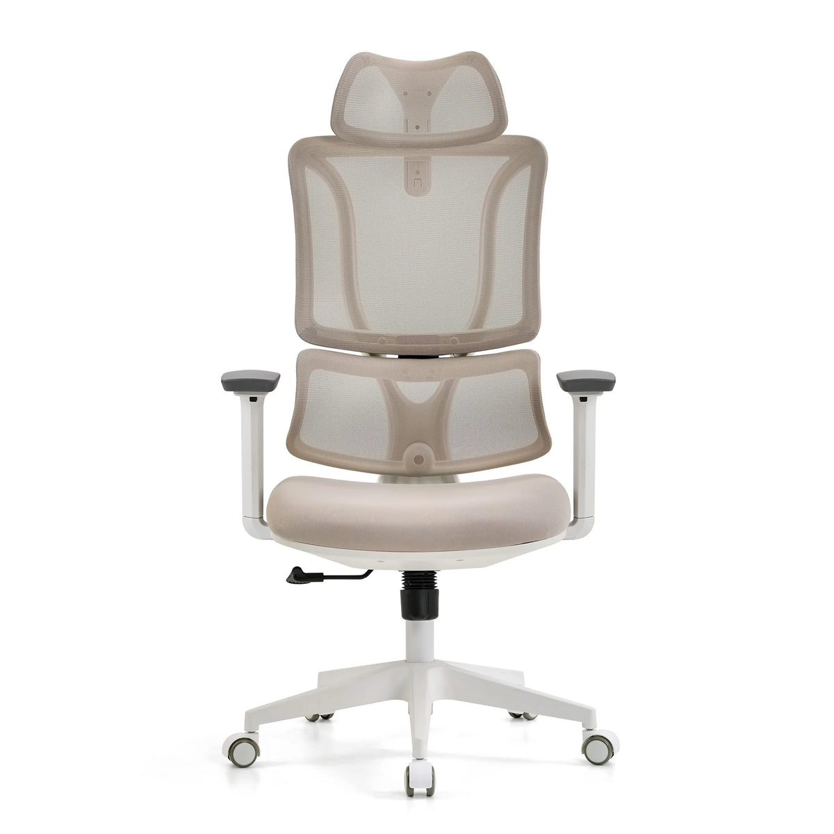 Siège de bureau de qualité professionnelle ERGOMY W beige avec dossier en maille et base blanche à cinq roulettes de MyBuero – vue à 360° (vue de face 0°)