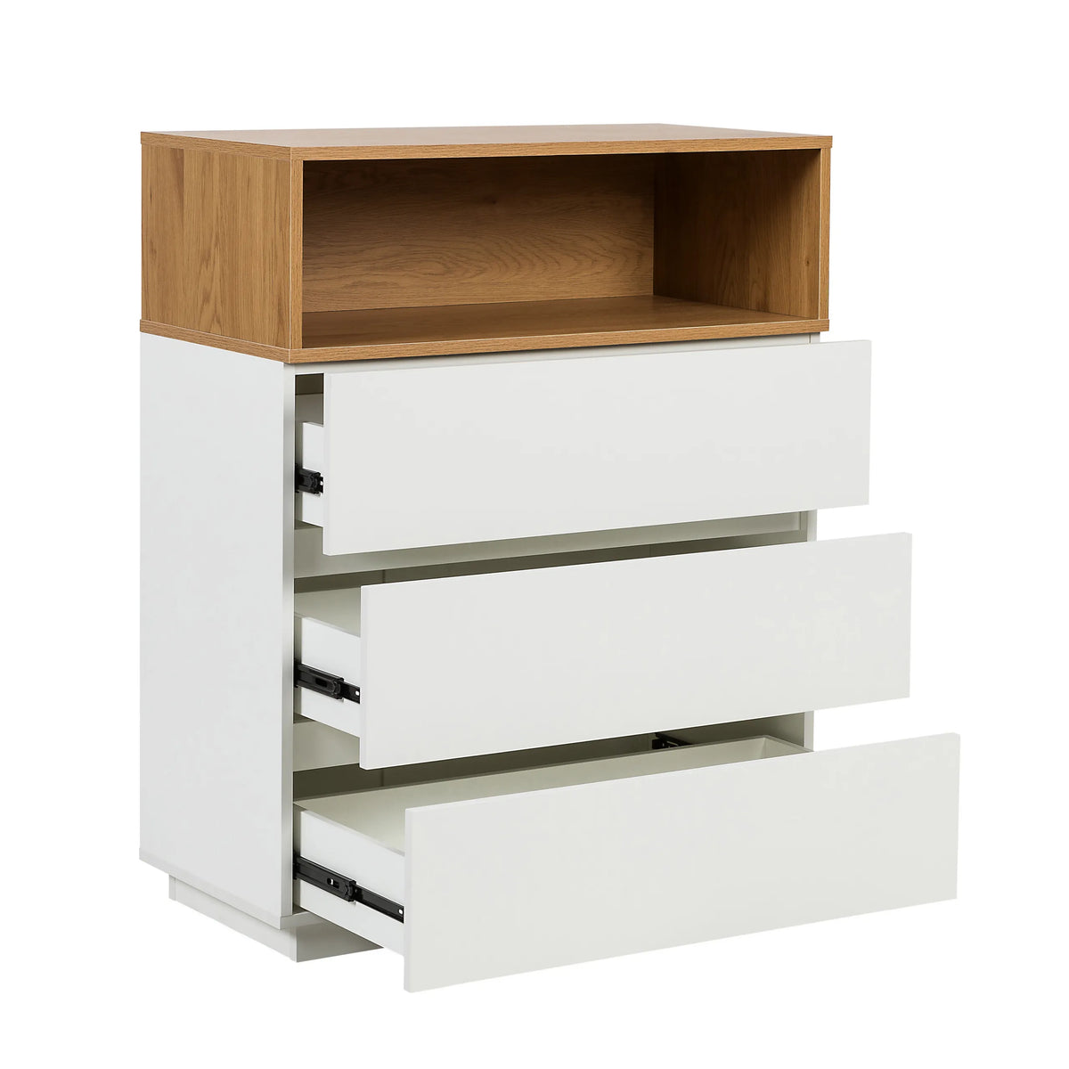 Commode MELMO K en blanc et chêne avec trois tiroirs partiellement ouverts de hjh LIVING