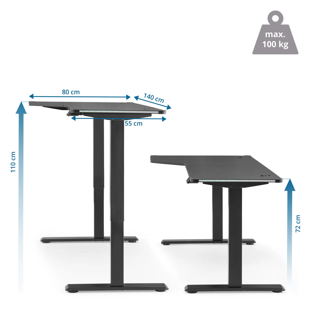 Dessin coté du Bureau réglable en hauteur électriquement Worktime Game de 140 × 80 cm de hjh OFFICE