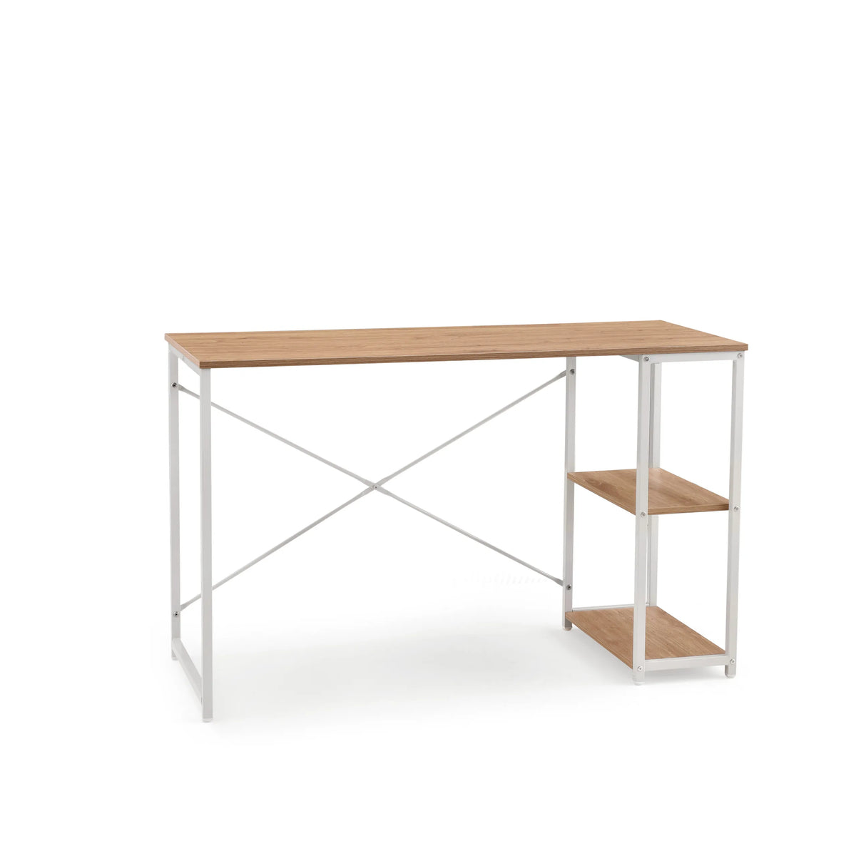 Bureau Easy Up2 en blanc et chêne avec étagère intégrée et traverse en X de hjh LIVING – vue à 360° (vue de face 15°)