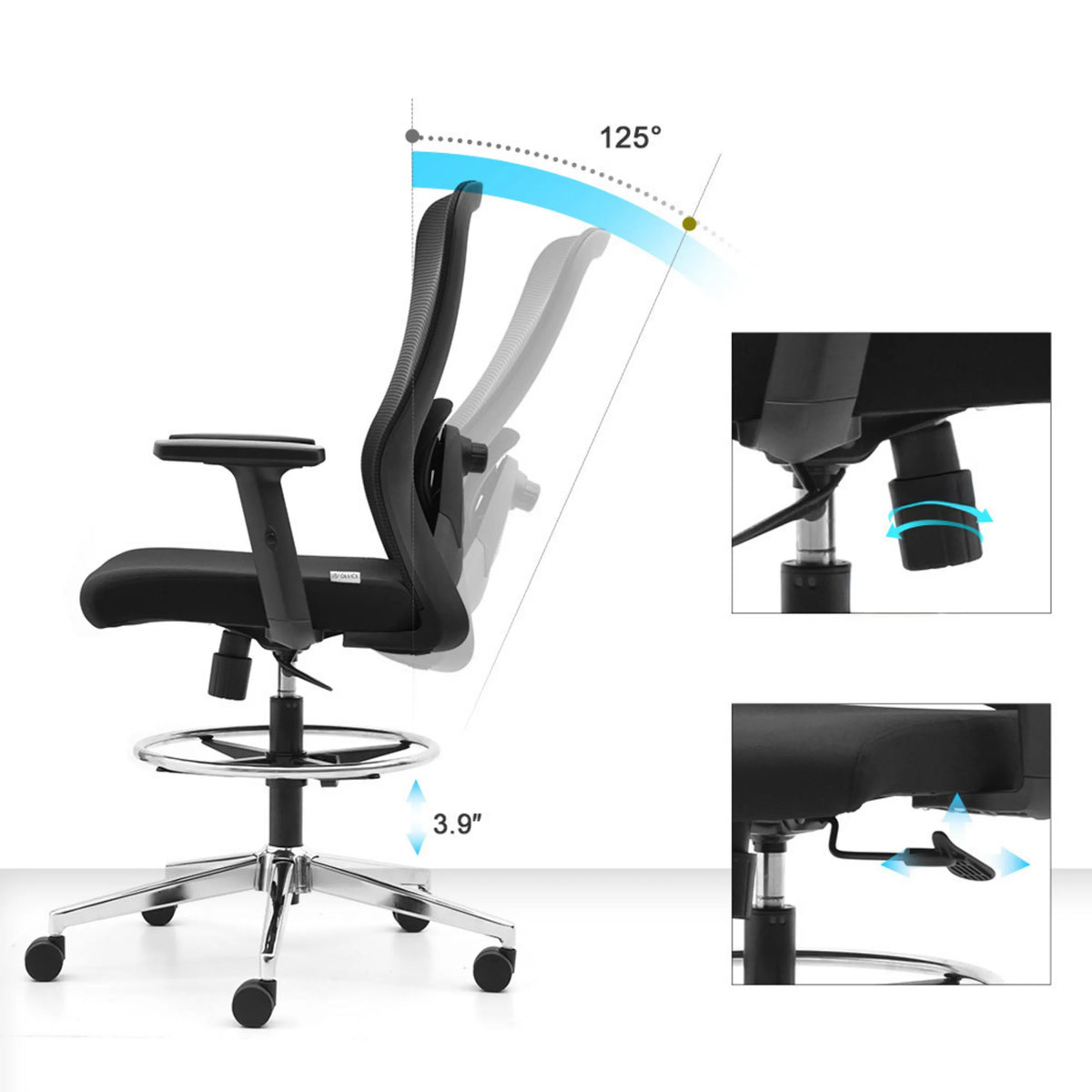 Dossier inclinable jusqu'à 125° et réglage de la hauteur de 3,9" de la chaise de travail Top Work 44 de hjh OFFICE