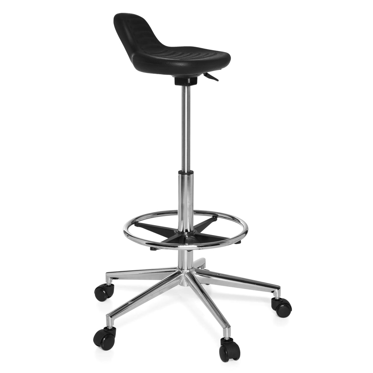 Tabouret pivotant noir TOP WORK 03 avec repose-pieds et base à cinq roulettes de hjh OFFICE – vue à 360° (vue de trois quarts avant 60°)