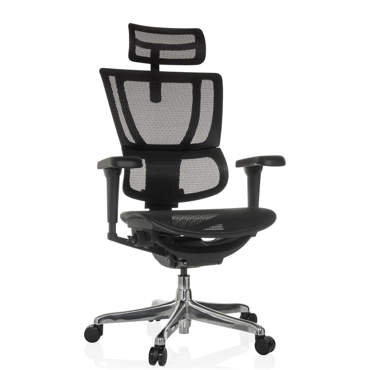 Siège de direction de luxe ERGOHUMAN SLIM ULTRA GEN2 noir avec dossier en maille et base à cinq roulettes de hjh OFFICE – vue à 360° (vue de face 15°)