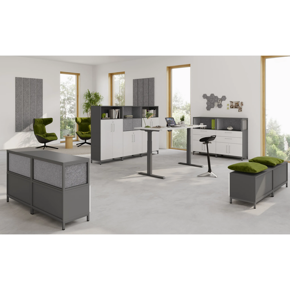 Meuble haut de la série FlexWall en graphite avec étagères intégrées de hjh OFFICE PRO