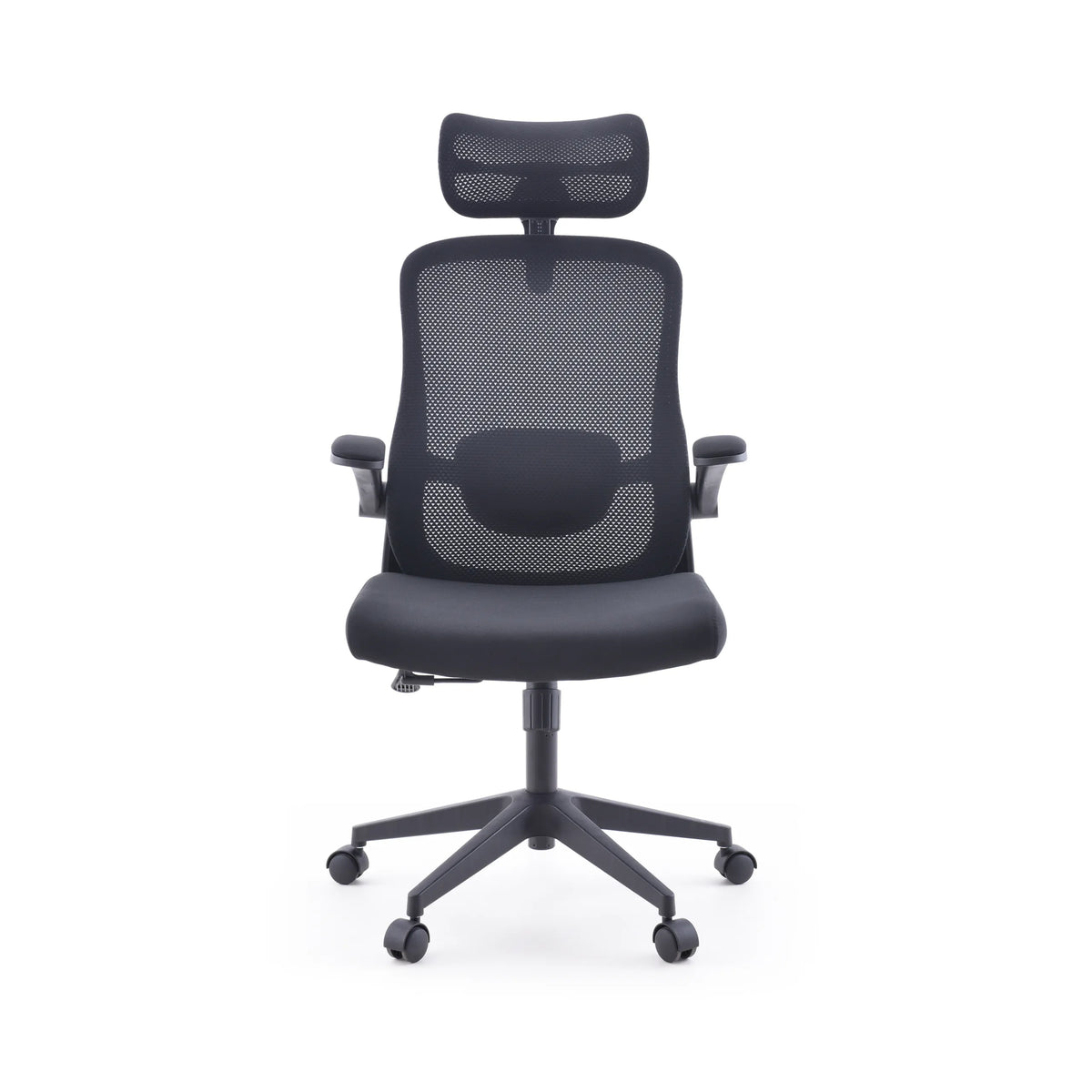 Siège de bureau à domicile Vertuflex noir avec dossier en maille et base à cinq roulettes de MyBuero – vue à 360° (vue de face 0°)