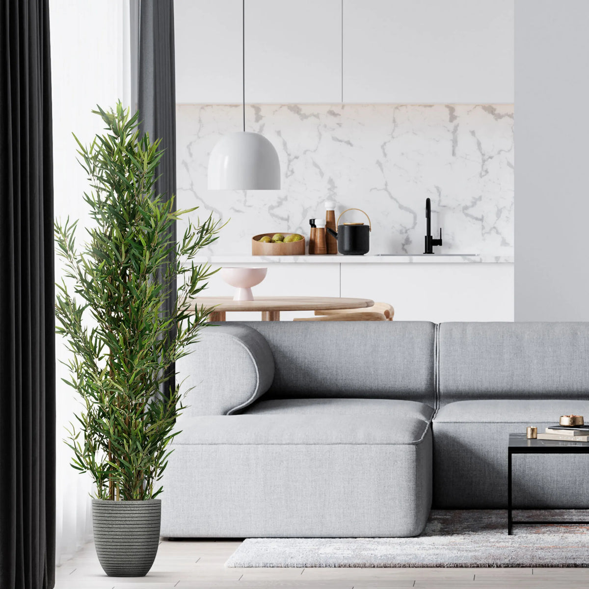 Plante artificielle BAMBUS de couleur verte avec un cache-pot gris de hjh OFFICE