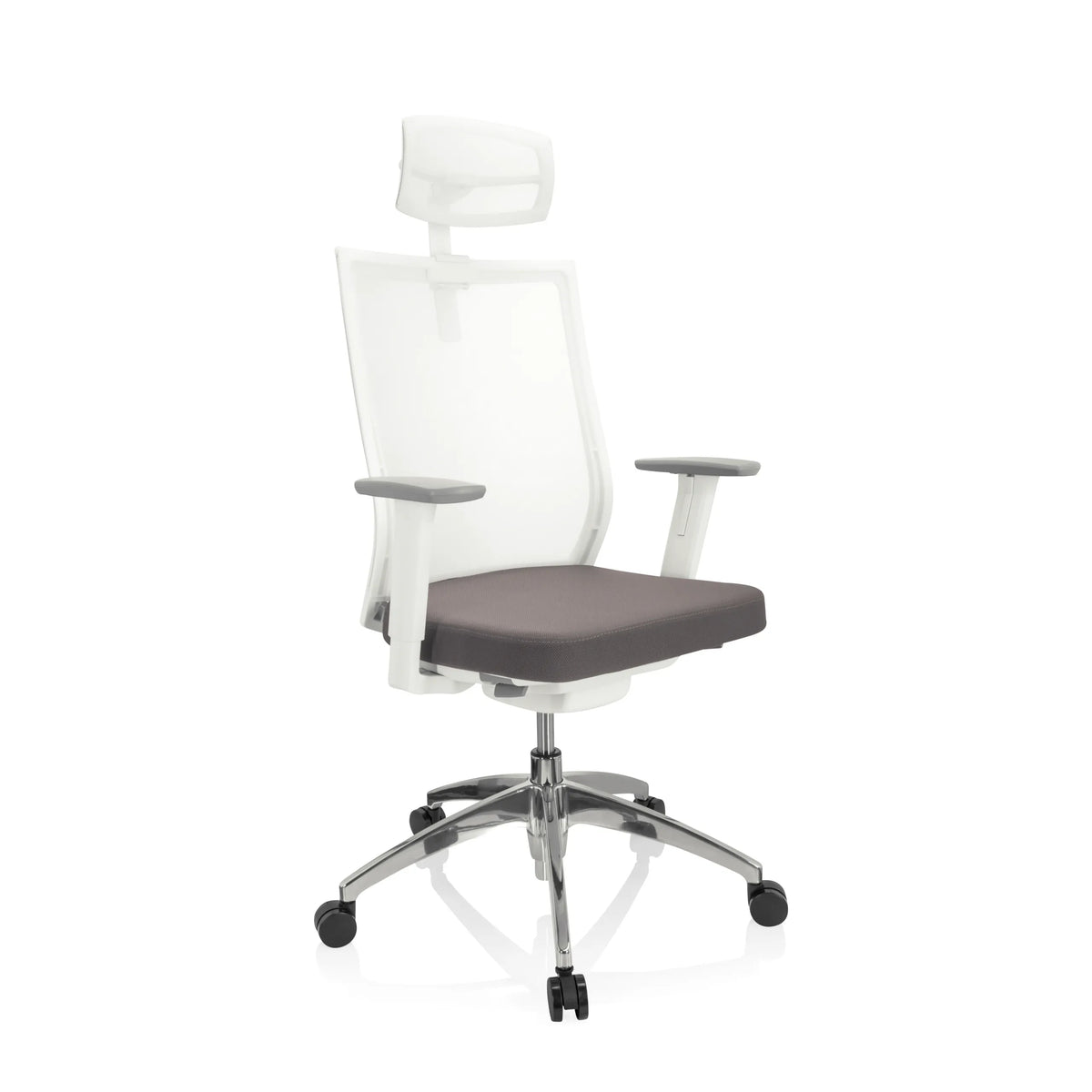 Siège de bureau de qualité professionnelle ASPEN WHITE PRO gris et blanc avec dossier en maille, appuie-tête et base à cinq roulettes de hjh OFFICE – vue à 360° (vue de trois quarts avant 40°)