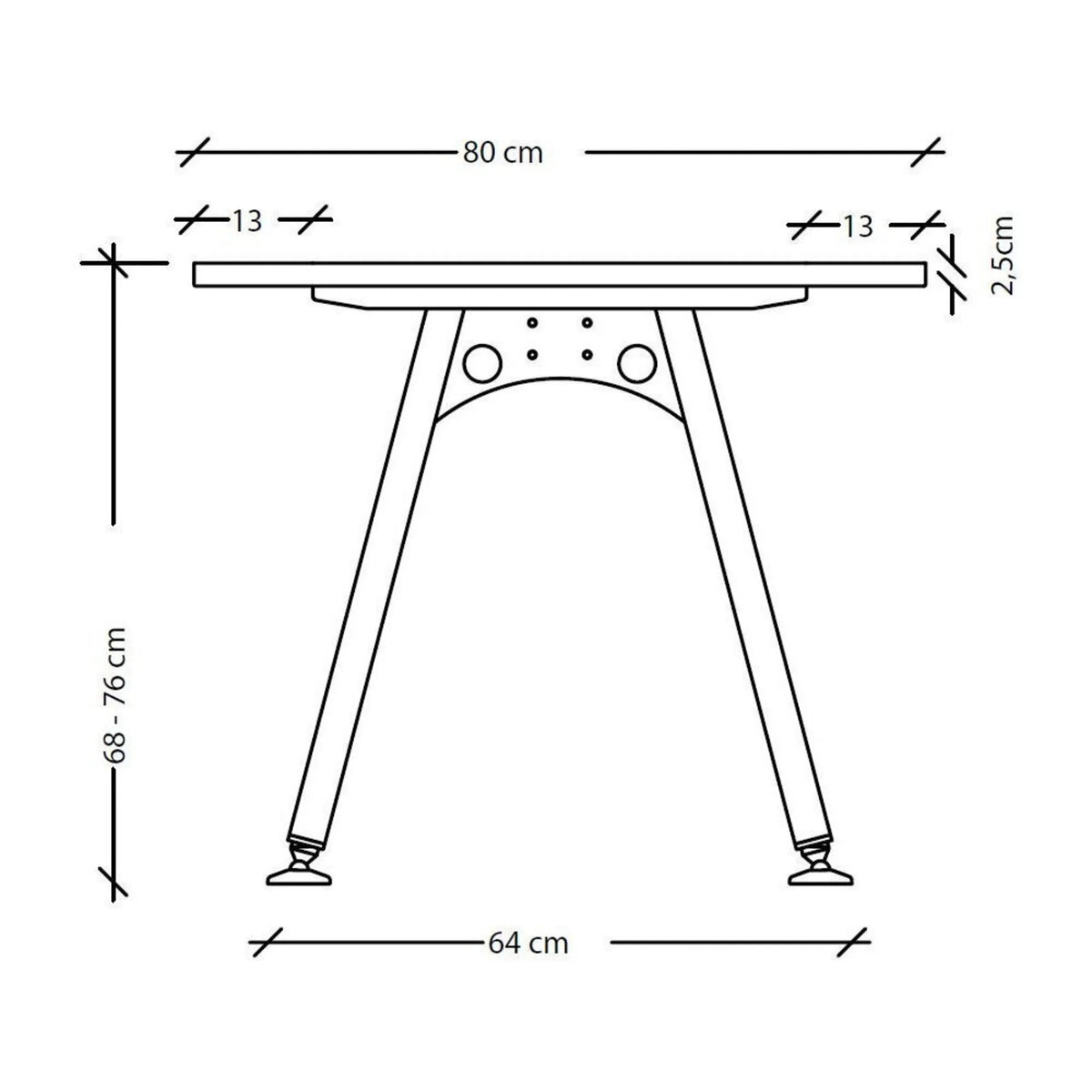 Dessin coté du bureau ATOS 18 S avec une largeur de 80 cm et une hauteur de 68-76 cm de hjh OFFICE PRO