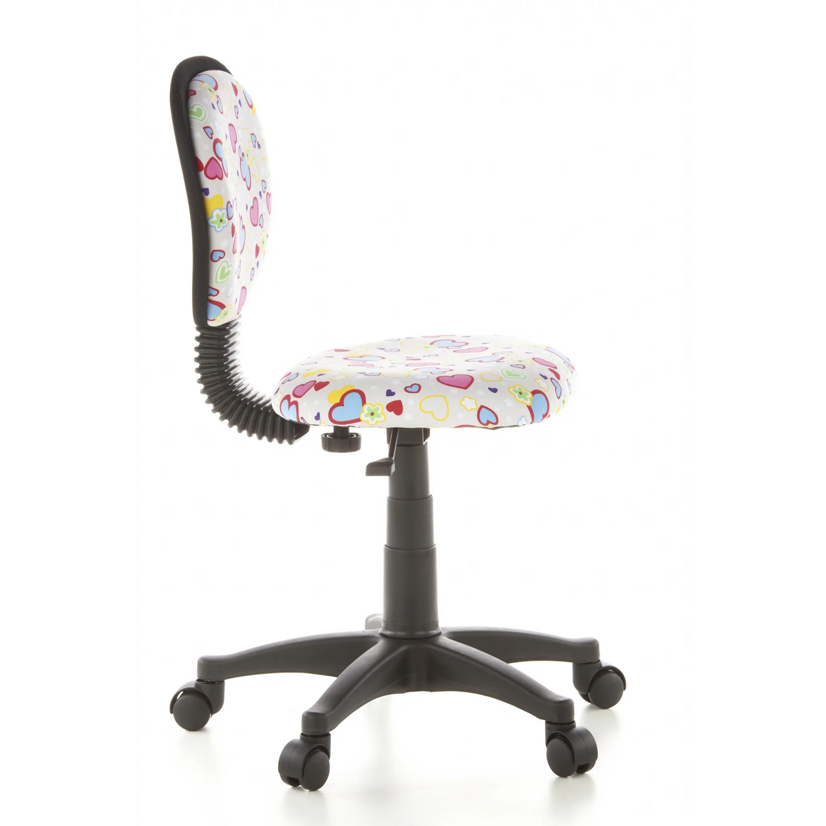 Chaise pivotante pour des enfants KIDDY TOP avec motif coloré de cœurs et de fleurs et base à cinq roulettes de hjh OFFICE – vue à 360° (vue de profil 80°)