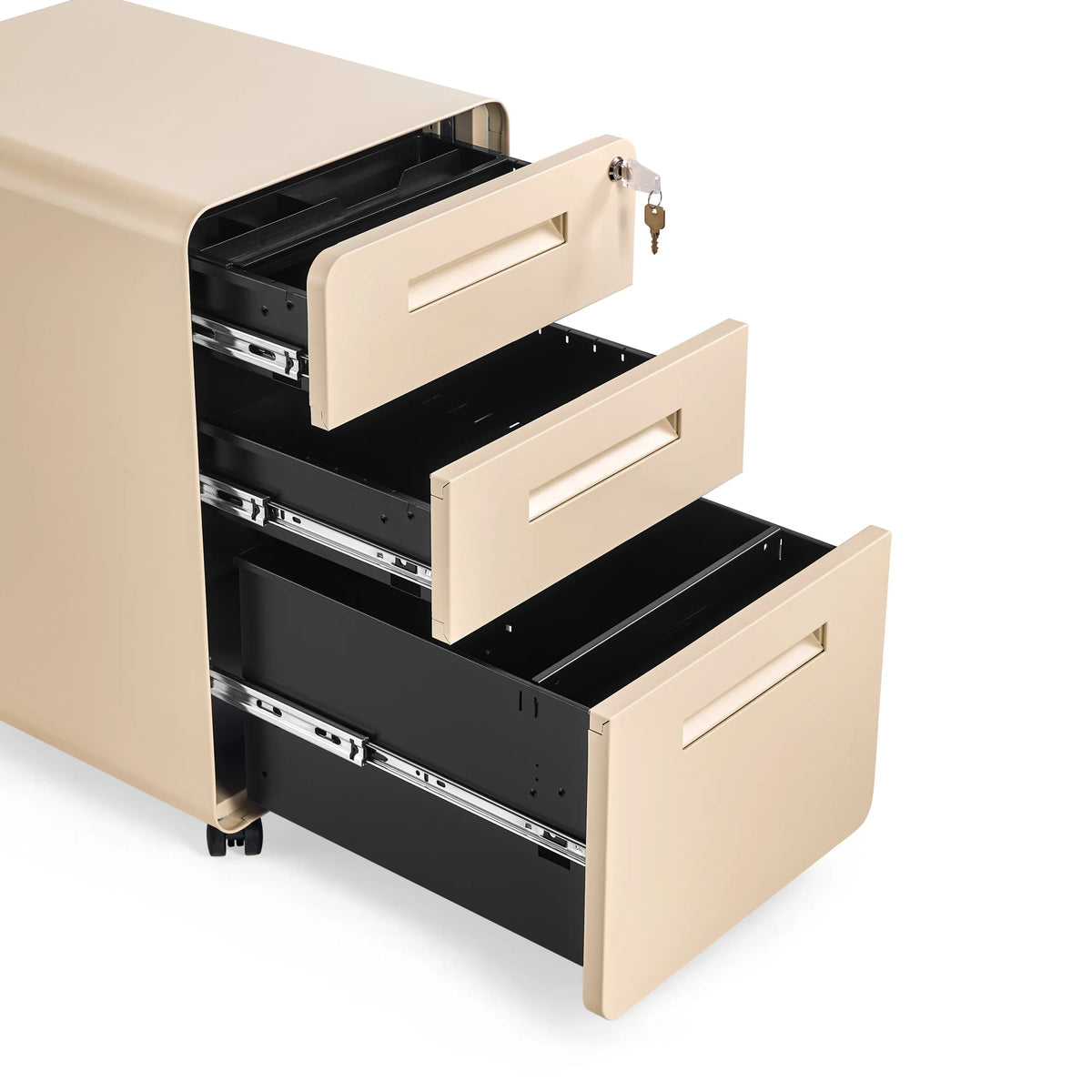 Tiroirs ouverts et serrure du caisson sur roulettes en métal beige COLOR PLUS I de hjh OFFICE