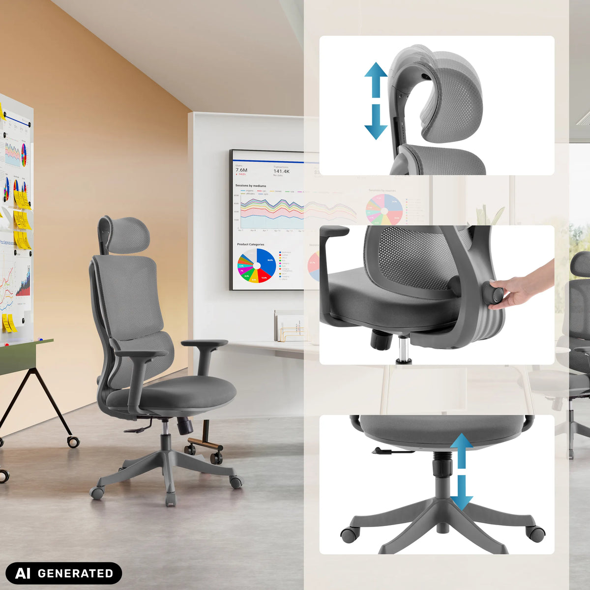 Appuie-tête, dossier et hauteur d'assise réglables du siège de bureau à domicile Ergomy Colore de MyBuero (image générée par IA)
