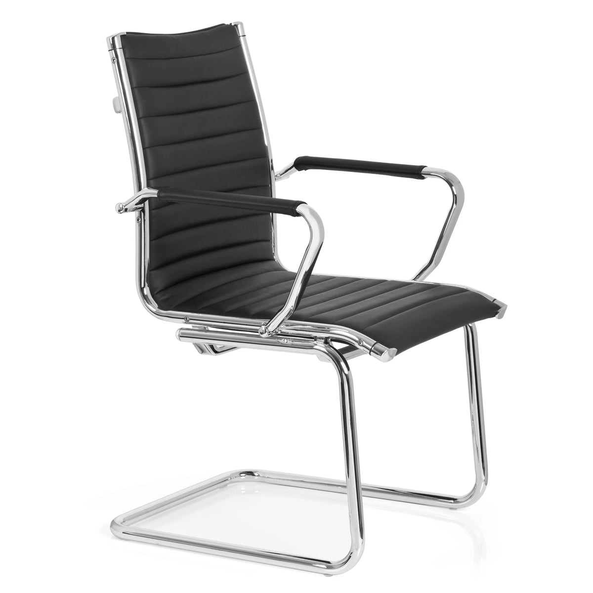 Chaises cantilever VEMONA V noires avec surpiqûres transversales et accoudoirs en chrome de hjh OFFICE – vue à 360° (vue de trois quarts avant 60°)